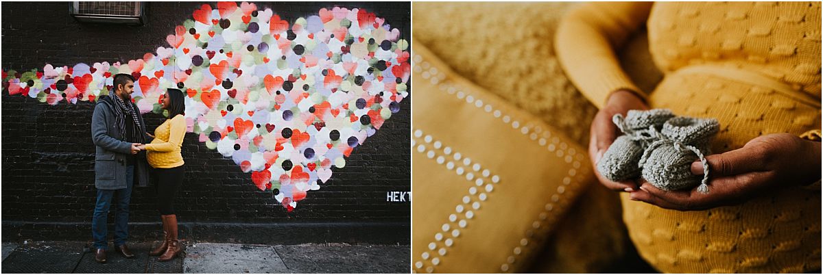 nyc family and newborn photographer expecting mom holds hand sewn newborn boots