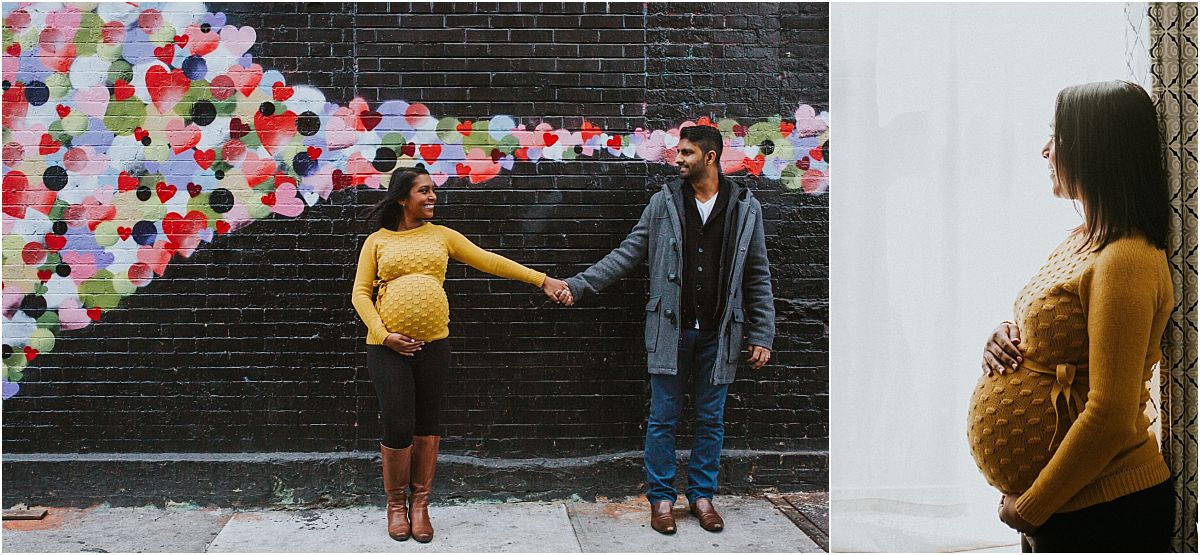 nyc family and newborn photographer expecting mom looks out beautiful East Village window for at home maternity session