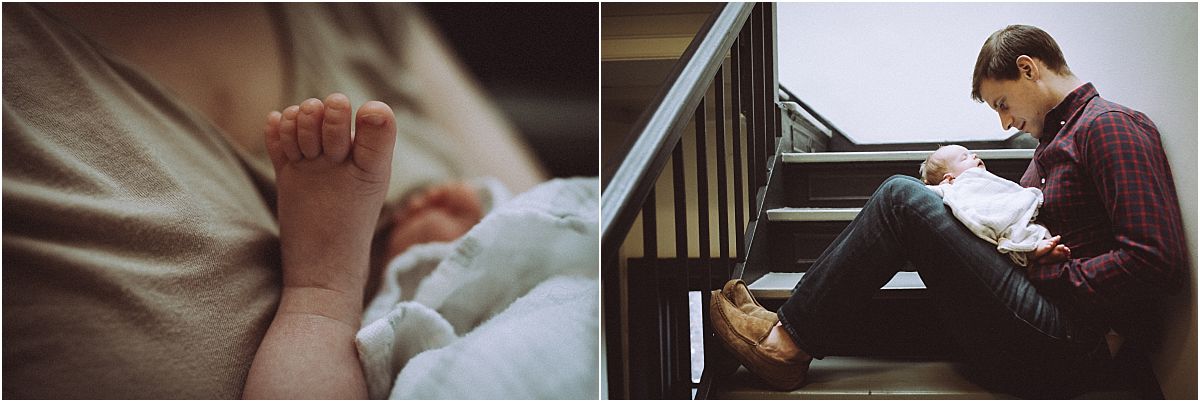 nyc family and newborn photographer mom, dad and newborn baby girl sit in stairwell while newborn sleeps on dad's lap