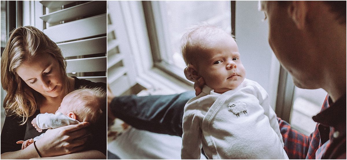 nyc family and newborn photographer mom, dad and newborn baby girl sit up for pics