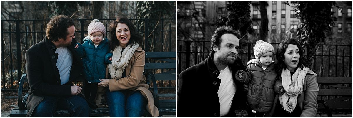 nyc family and newborn photographer family enjoying fun moments together laughing on nyc park bench