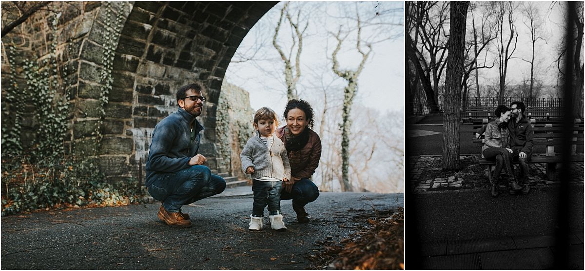 nyc family and newborn photographer mom and dad sit together on park bench at nyc playground
