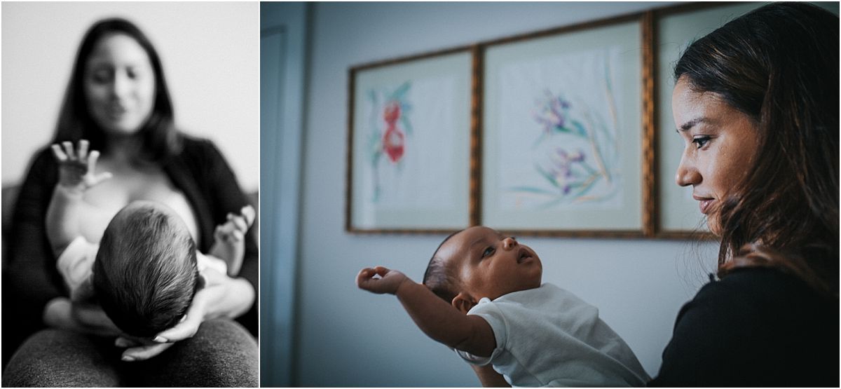 nyc family and newborn photographer newborn girl lays on mom's legs and stretches up to her in mommy and me session