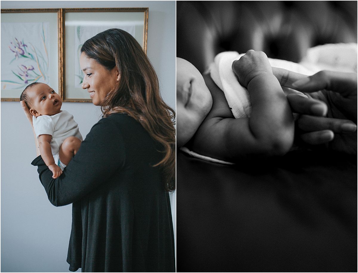 nyc family and newborn photographer newborn girl being held by mo m in baby's room in mommy and me session