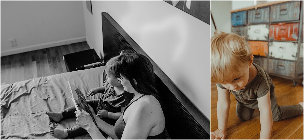 nyc family and newborn photographer mom and son enjoy reading book on bed at nyc in home session