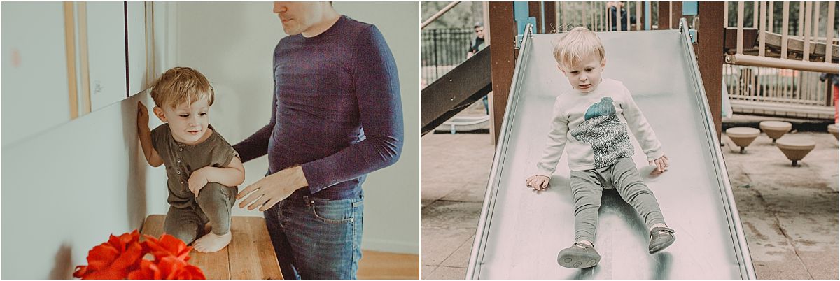 nyc family and newborn photographer toddler son enjoys going down slide at playground wheeeeee