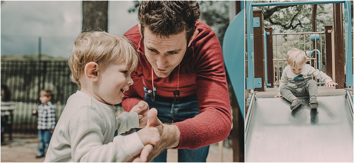 nyc family and newborn photographer dad and son enjoy park time together at nyc playground