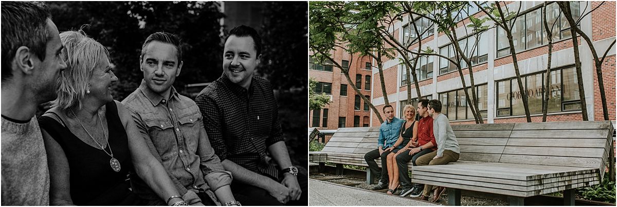family enjoying sitting on wooden park bench during sunny family lifestyle morning session in nyc. photo by krystil mcdowall