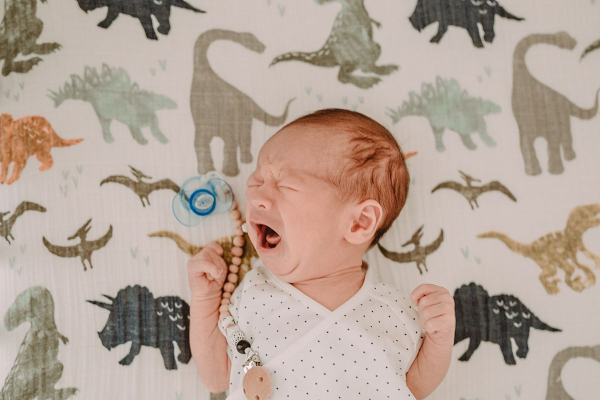 photo of newborn laying on dinosaur sheets while he roars like the dinosaurs. enjoying real family moments with newborn babies. image from krystil mcdowall photography