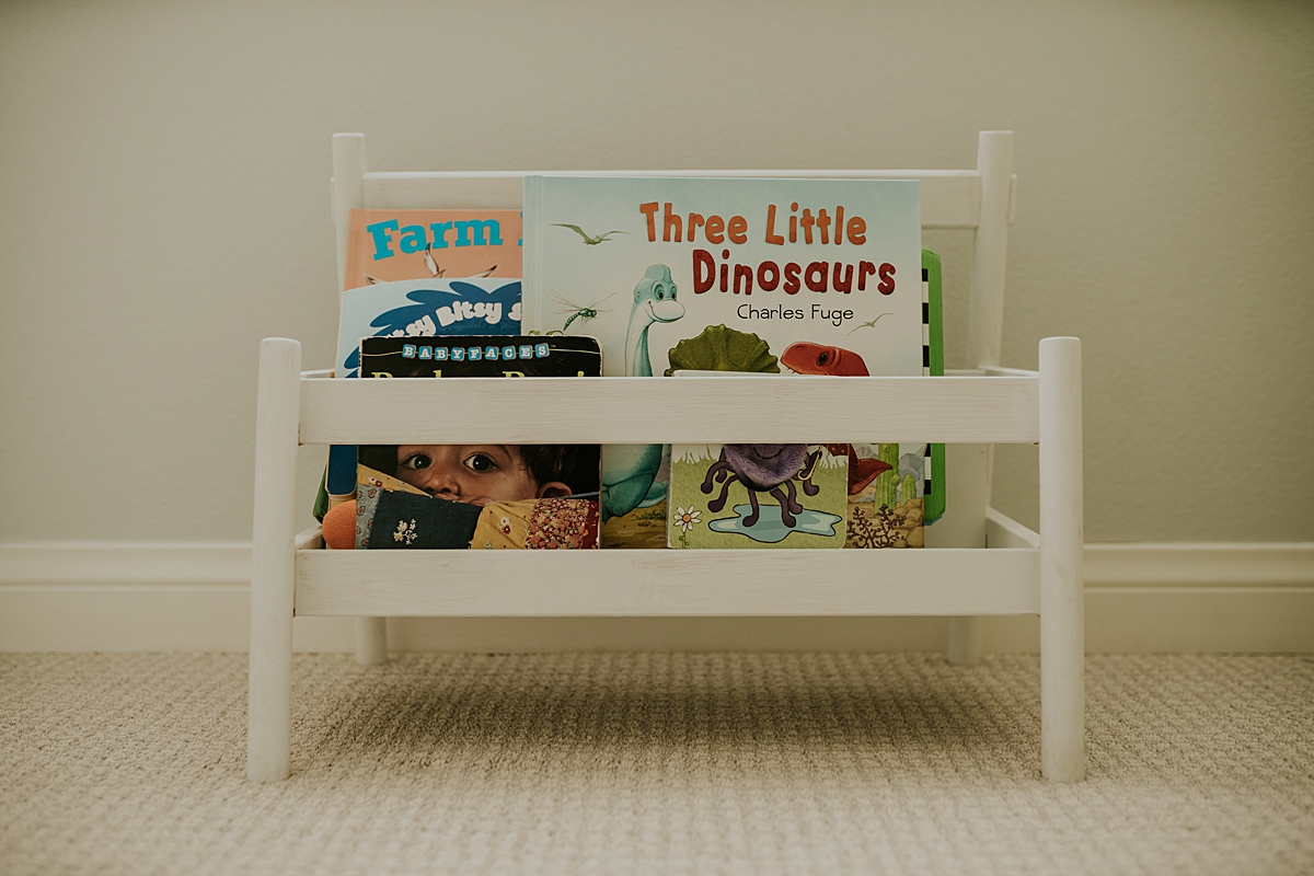 Orange County family photographer. photo of nursery decor namely baby book shelf