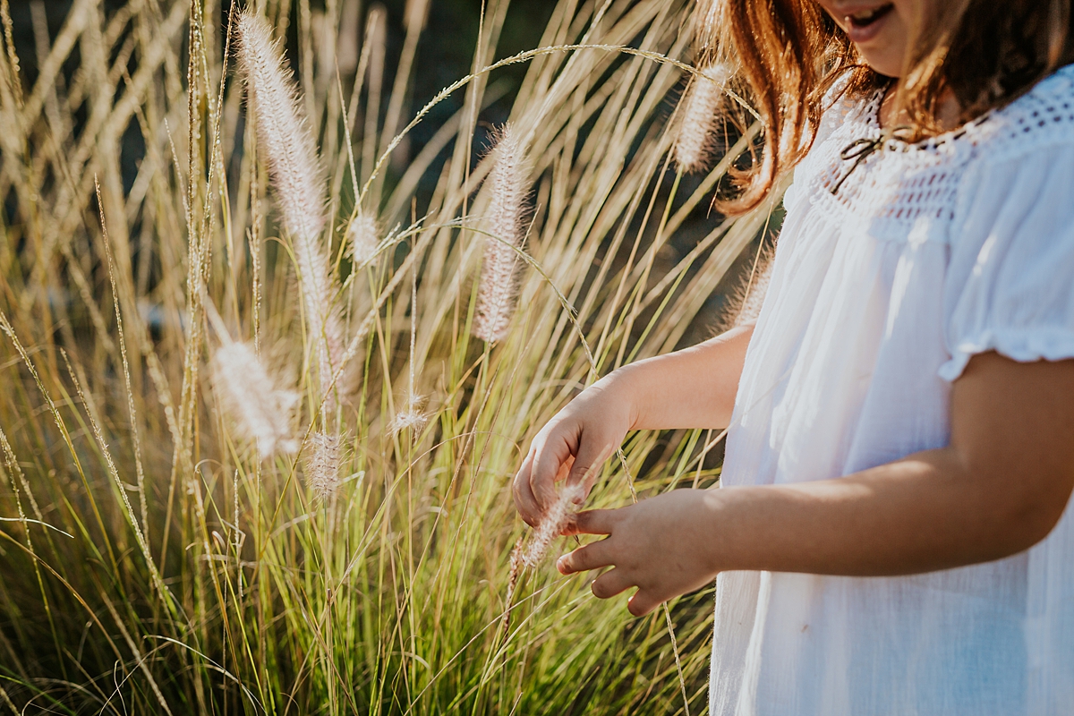 Orange County family photographer. Close up photo of beautiful 5 year old girl in white dress picking the dandelions at sunset at family photo shoot at Quail Hill