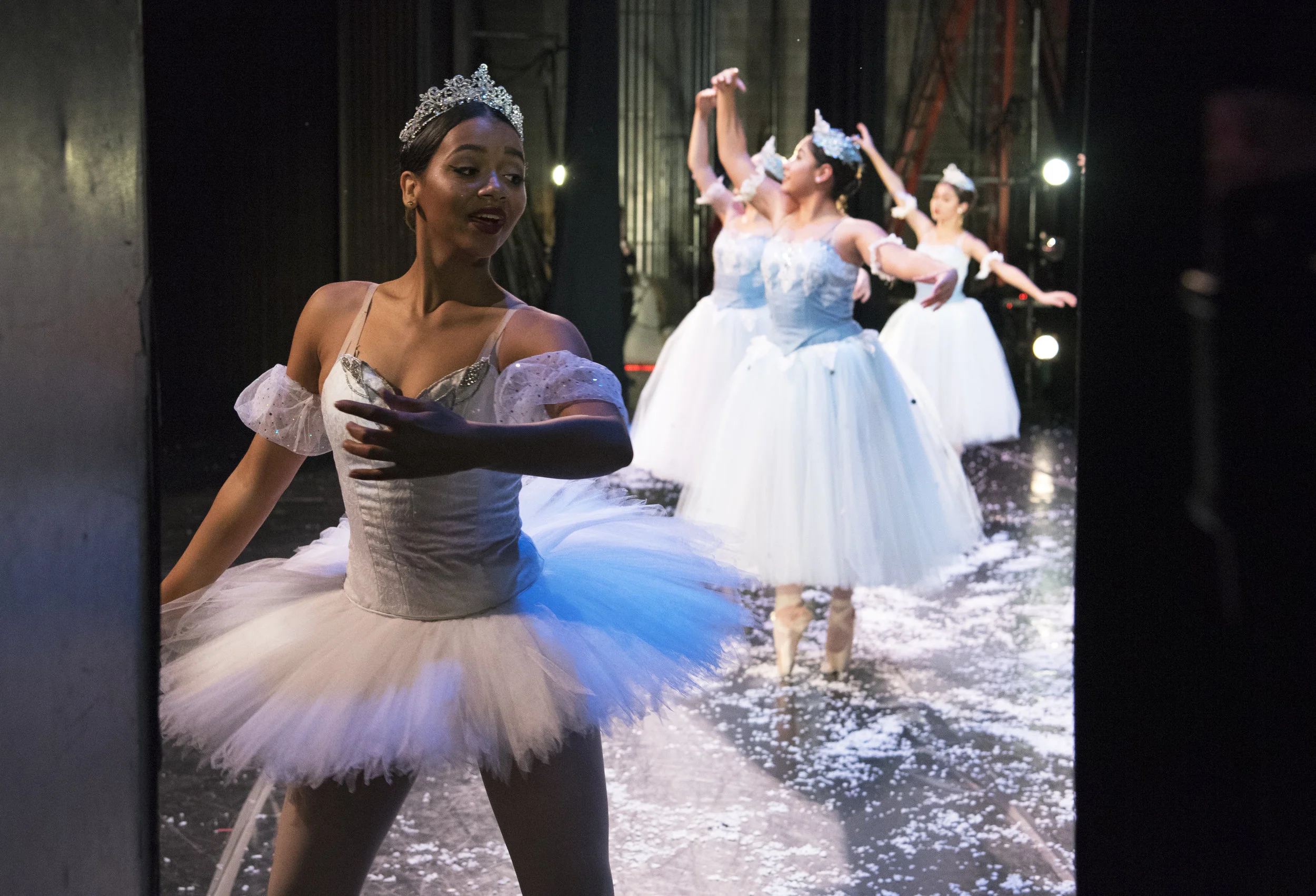 Kaysha Smith (left) performs during the Land of Snow scene in Rockford Dance Company's the Nutcracker on Sunday, Nov. 27, 2016, at Rockford University's Maddox Theatre.