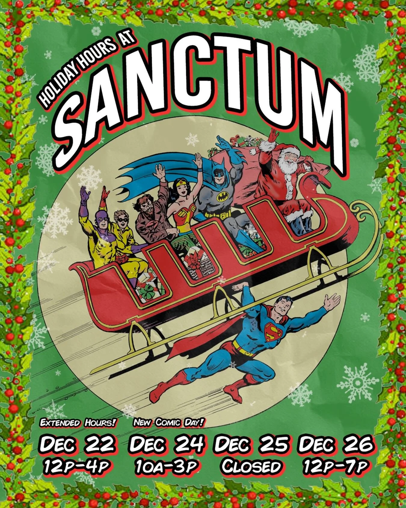 Holiday Hours: ❄️
🎄 12/22: 12-4 (Extended Hours)
🎄 Xmas Eve: 10-3 (New Comic Book Day)
🎄 Xmas: Closed
🎄 12/26: 12-7