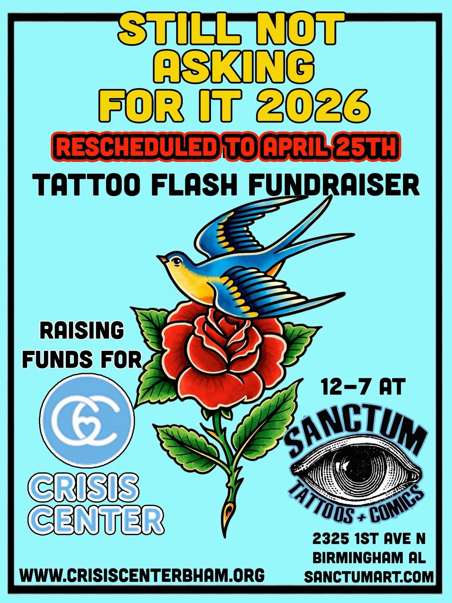 Hey! We had to adjust the scheduling for this event.  Hopefully this will allow a few more visitors and a few more dollars raised for the Crisis Center