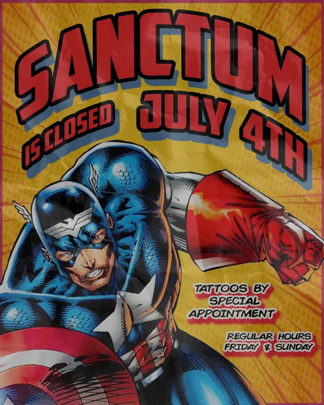 The comic shop is closed for July 4th. 
💥 
Special tattoo appointments are still on the books - contact your artist if you have any questions. Have a safe holiday.
💥
*Siri, play the theme from Team America: World Police, but in a way everyone knows