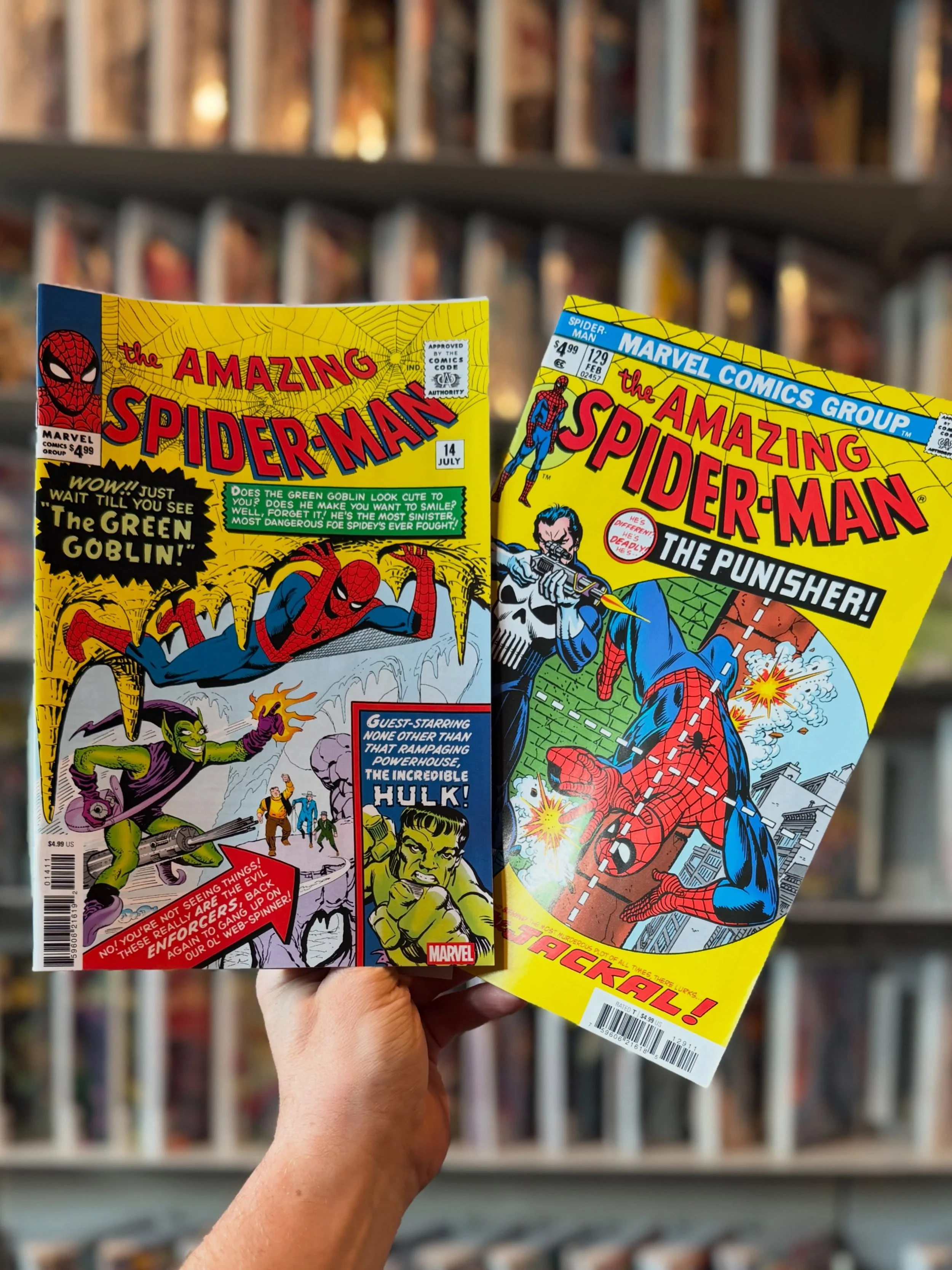 Happy New Comic Book Day! 📚 We&rsquo;ve got facsimile reprints of Amazing Spider-Man № 14, and № 129 available at the shop. 
🕸️
Are you curious about Spidey and The Green Goblin&rsquo;s first slugfest? Do you wanna know what exactly The Punisher is