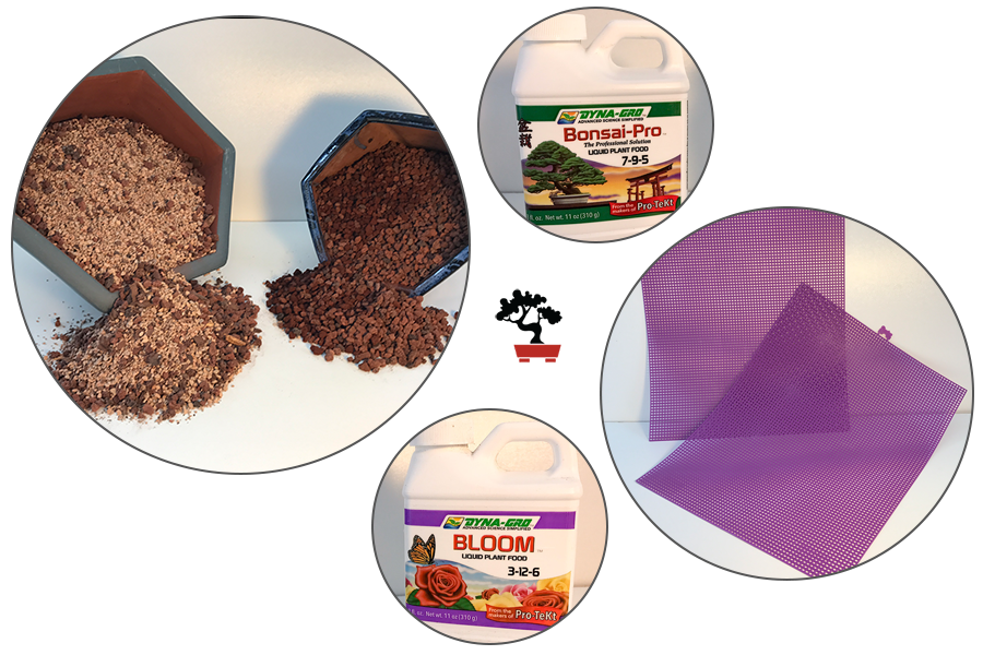 (Pictured Above) Bonsai Fertilizer 1.Bonsai PRO 2.Bonsai BLOOM, Screens & Mix - Supplies by Tyler the Bonsai Guy