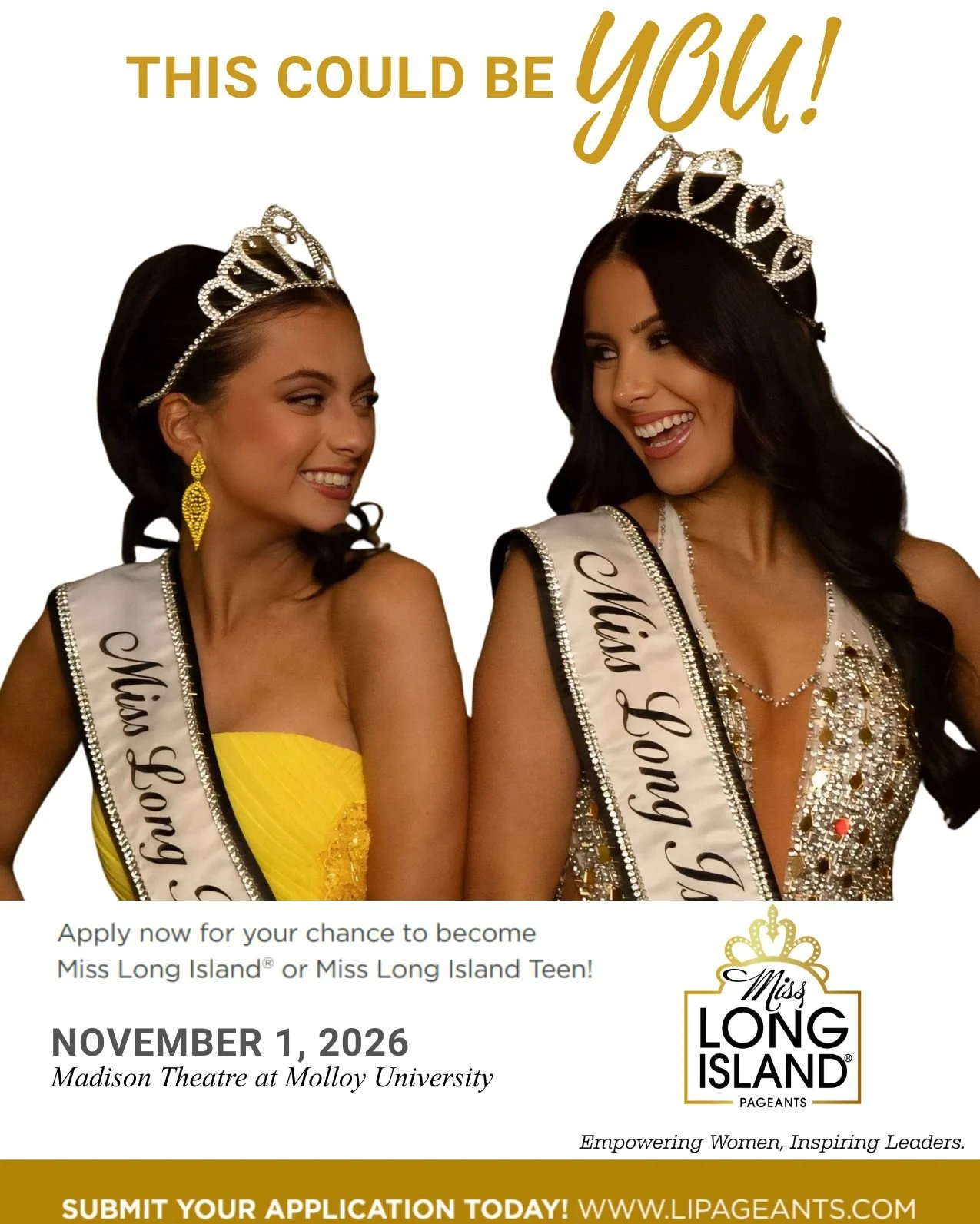 This could be you.

On the stage.
In the community.
Making an impact across Long Island.

Applications are now open for the 2027 Miss Long Island and Miss Long Island Teen Pageants.

Your story starts here. 👑

#MissLongIslandPageants