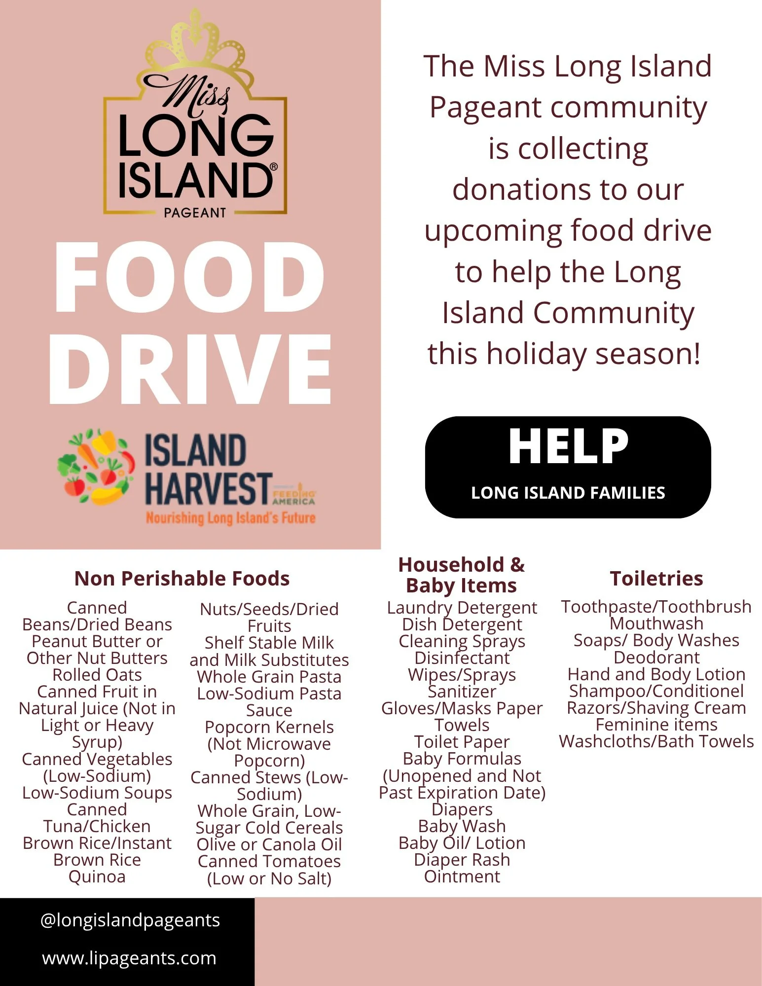 🥫✨ GIVE BACK WITH MISS LONG ISLAND ✨🥫

One of our favorite traditions is back! This pageant season, the Miss Long Island &amp; Miss Long Island Teen Pageant is once again collecting non-perishable food items to support families in our community.

L