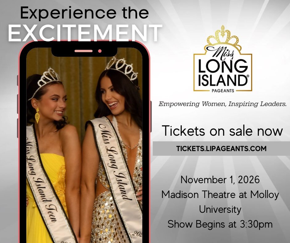🎟️ EARLY BIRD TICKETS ARE ON SALE NOW! 👑

Today and tomorrow only, grab your tickets to the 2027 Miss Long Island &amp; Miss Long Island Teen Pageants for just $45!

Ticket prices increase to $55 on October 10, so now is the time to secure your sea