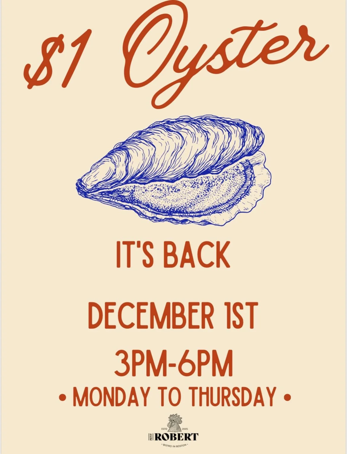 🦪 BACK AGAIN!

The One Dollar Oyster is officially back at Petit Robert and this time&hellip; for an unlimited run 👀

👉 Mon&ndash;Thu | 3 PM&ndash;6 PM

Come slurp your heart out!

#oysters #bostonfood #foodie #frenchrestaurant #offer #boston