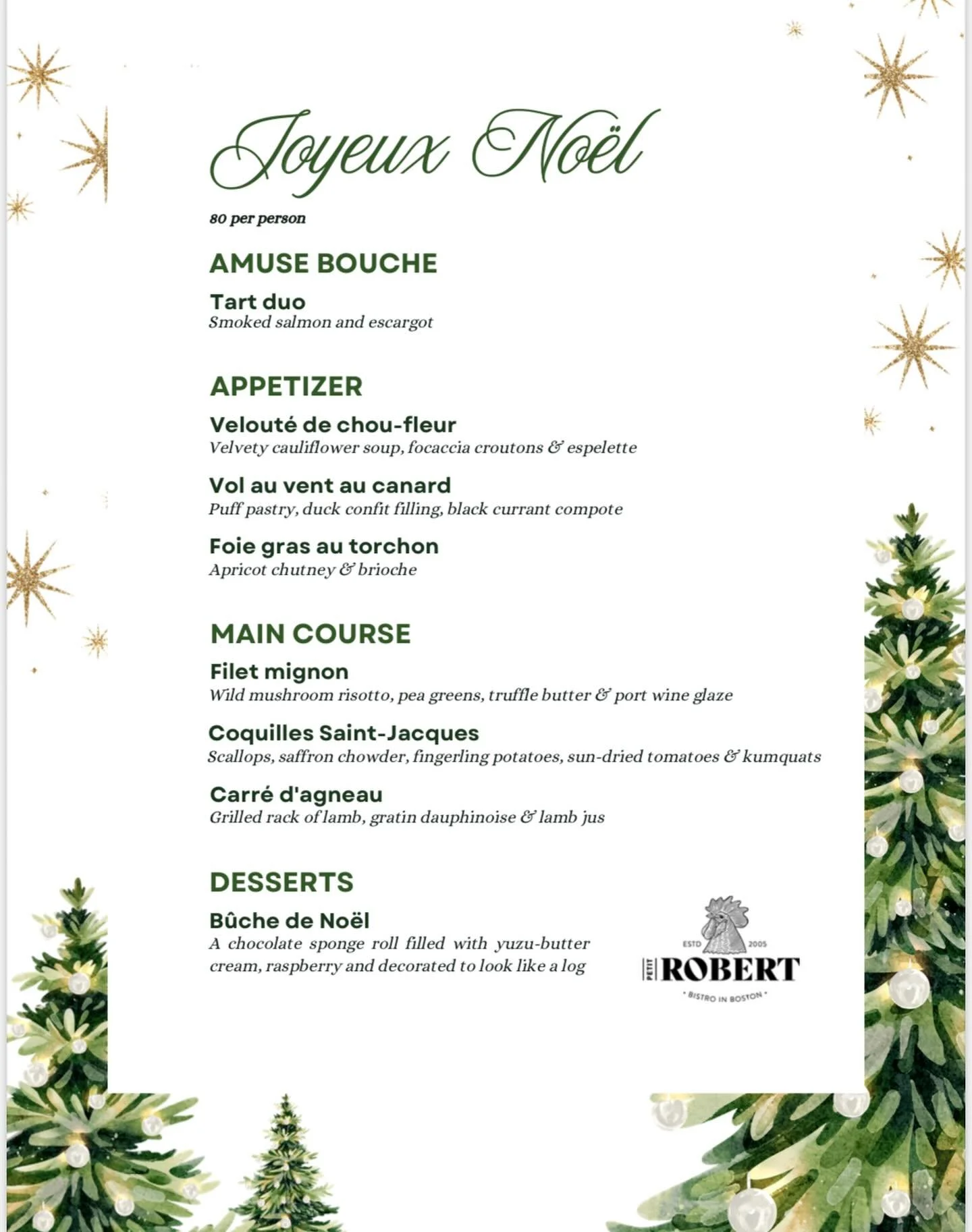 ✨ Christmas Menu at Petit Robert ✨

This year, we&rsquo;ve prepared a festive feast worthy of the season! 🎄🥂

A warm, generous, and delicious menu to celebrate Christmas the right way

📅 Available for dinner on December 24
🎁 And all day on Decemb