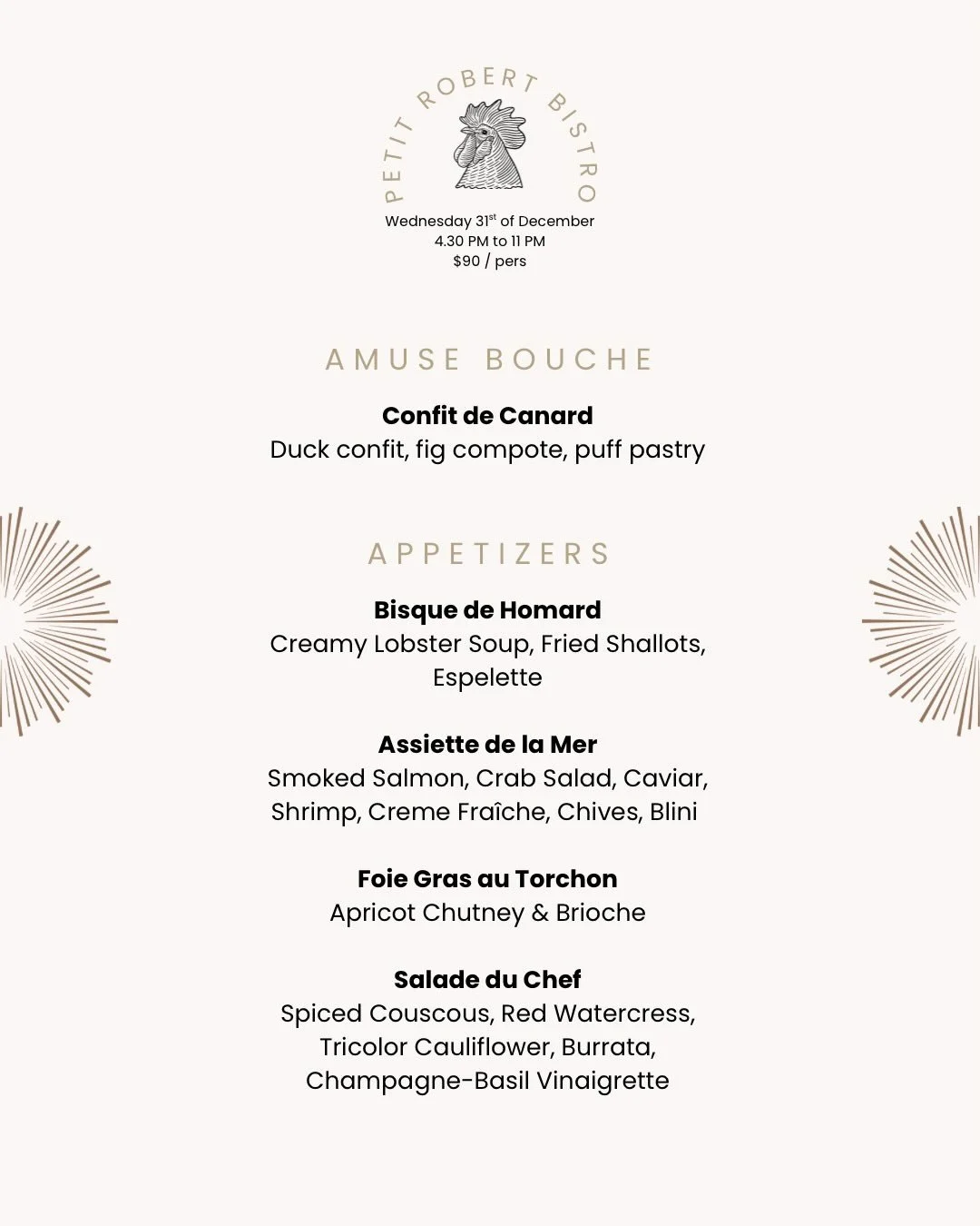 ✨🎉 New Year&rsquo;s Eve Menu &ndash; 31.12 🎉✨

To celebrate the last night of the year in style, Petit Robert has crafted a special menu designed to delight your senses and bring people together around the table.

Carefully selected ingredients, re