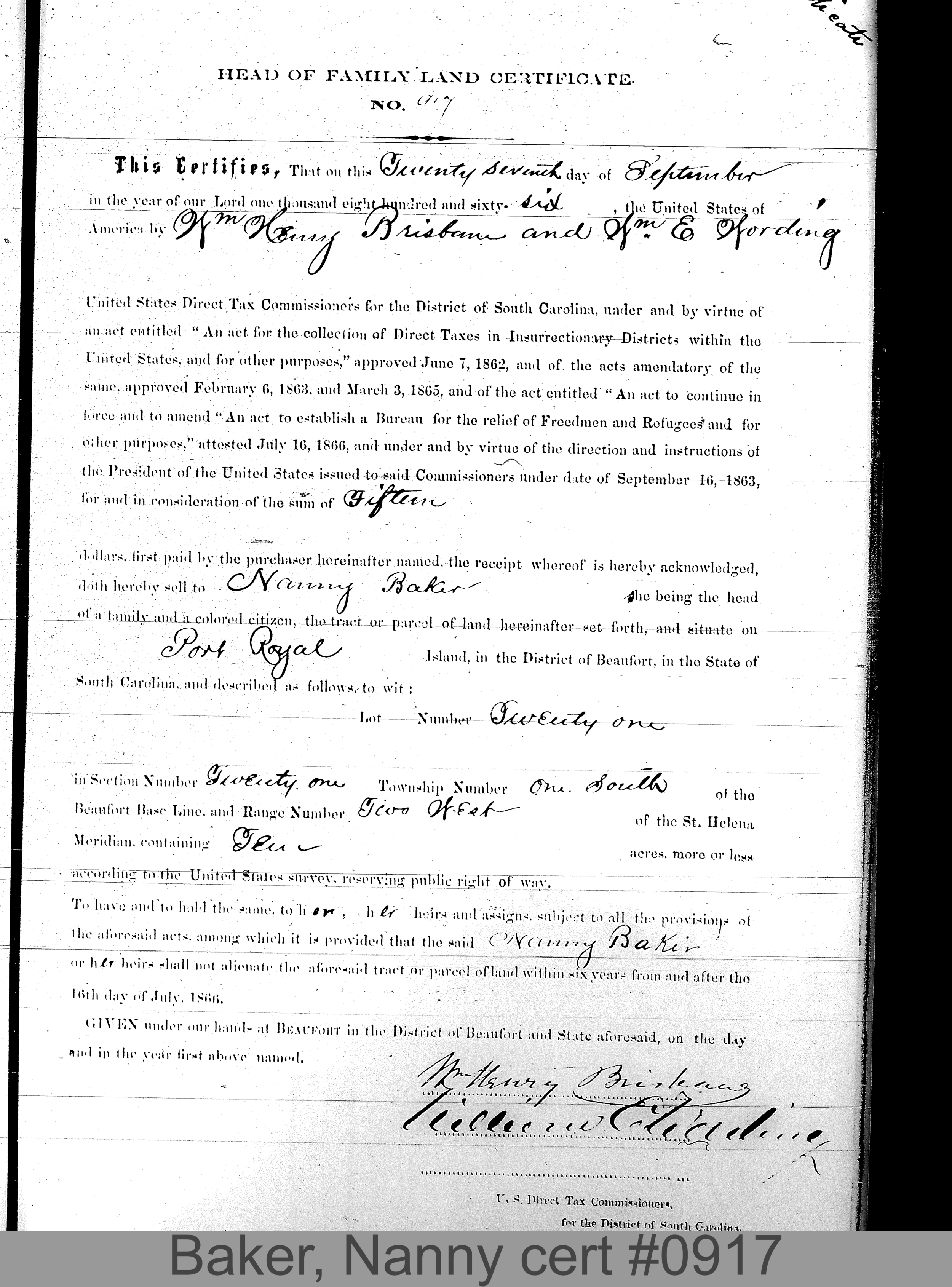 BAKER, NANNY (Certificate #917) LOCALITY: Port Royal Island TSHP: 1S RNGE: 2W SECTION: 21 LOT NUMBER: 21 ACREAGE: 10 COST: 12.5