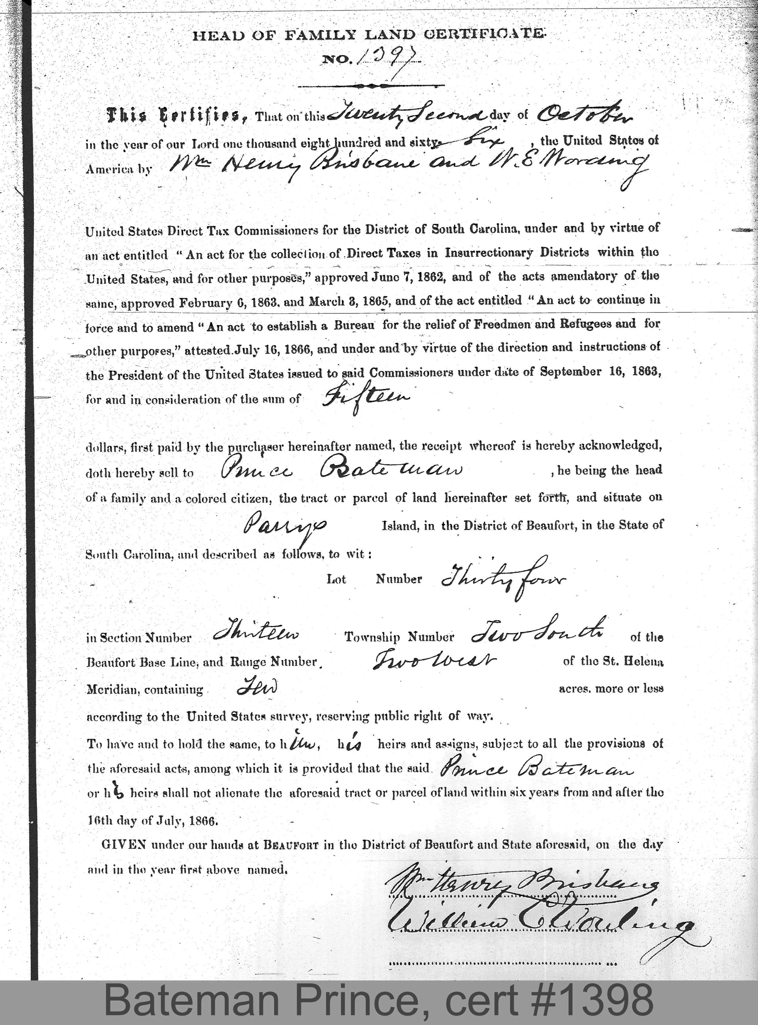 BATEMAN, PRINCE (Certificate #1398) LOCALITY: Parry's Island TSHP: 2S RNGE: 2W SECTION: 13 LOT NUMBER: Fractional lot 35 ACREAGE: 2.5 COST: 12.5