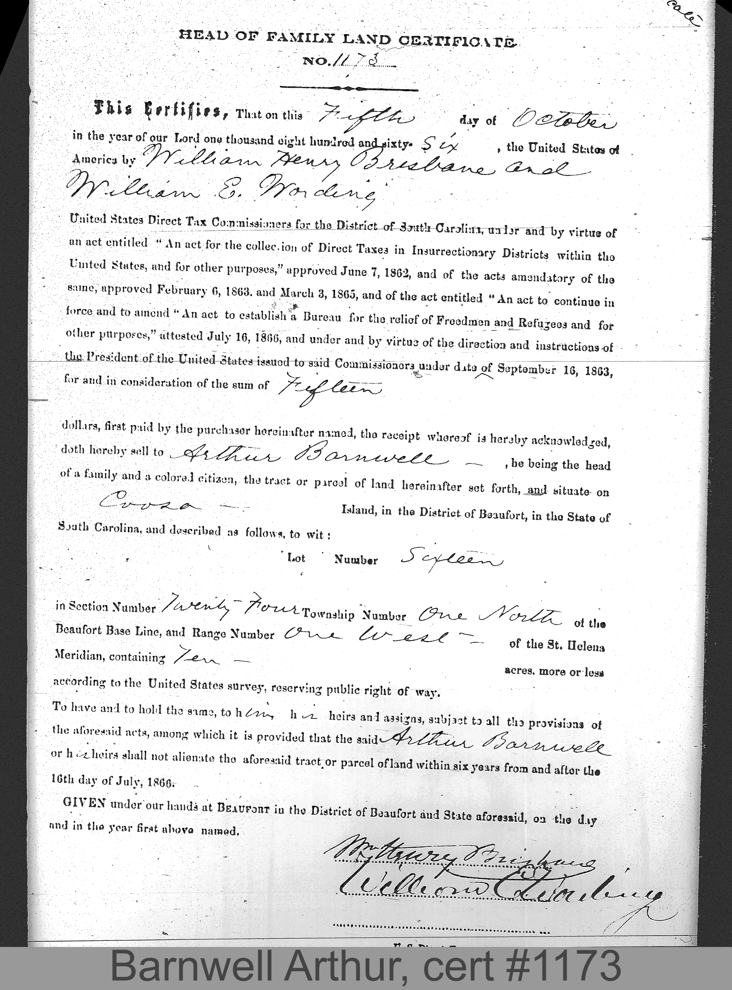 BARNWELL, ARTHUR (Certificate #1173) LOCALITY: Coosa Island TSHP: 1N RNGE: 1W SECTION: 24 LOT NUMBER: 16 ACREAGE: 10 COST: 12.5