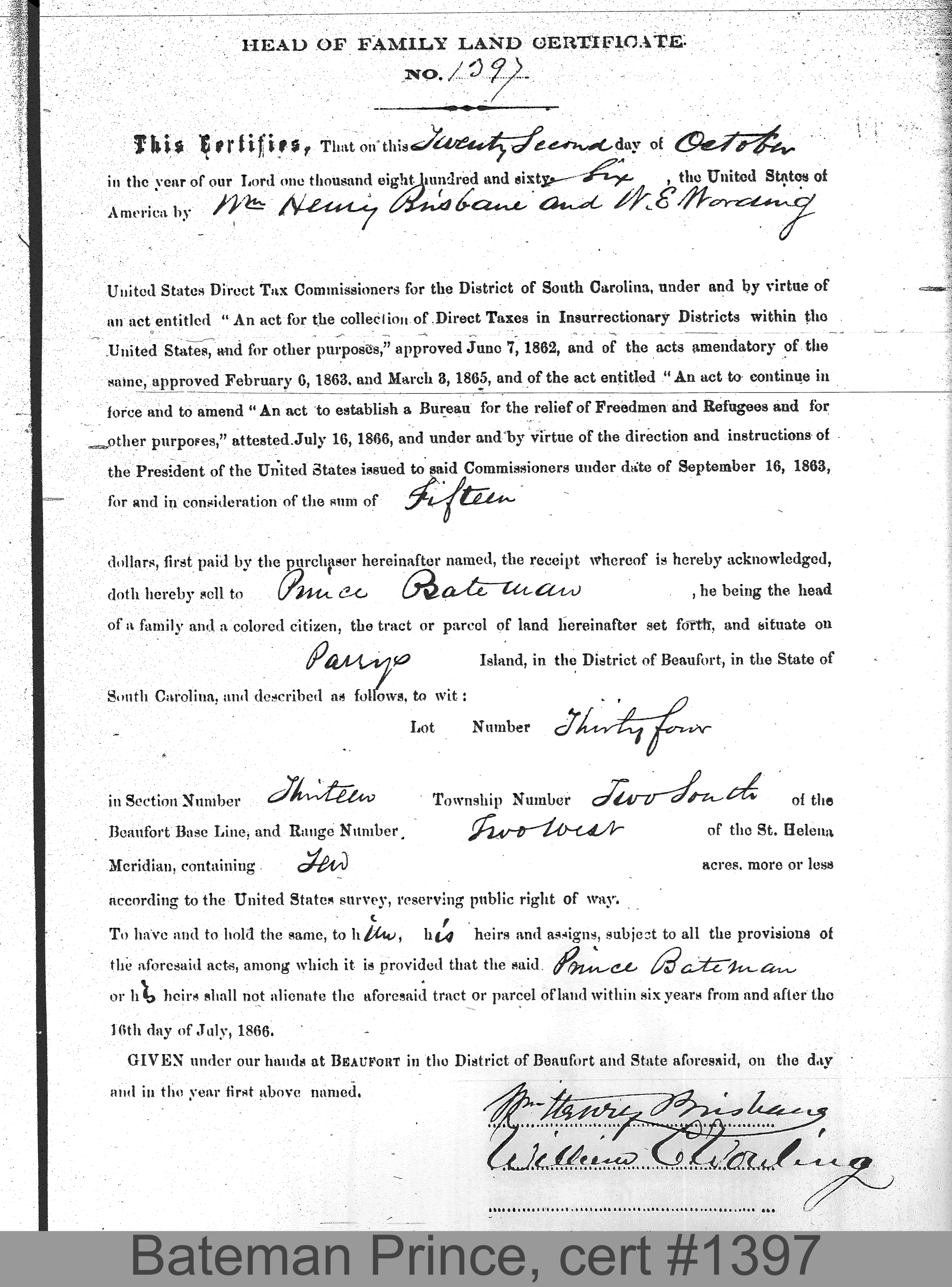 BATEMAN, PRINCE (Certificate #1397) LOCALITY: Parry's Island TSHP: 2S RNGE: 2W SECTION: 13 LOT NUMBER: 34 ACREAGE: 10 COST: 5