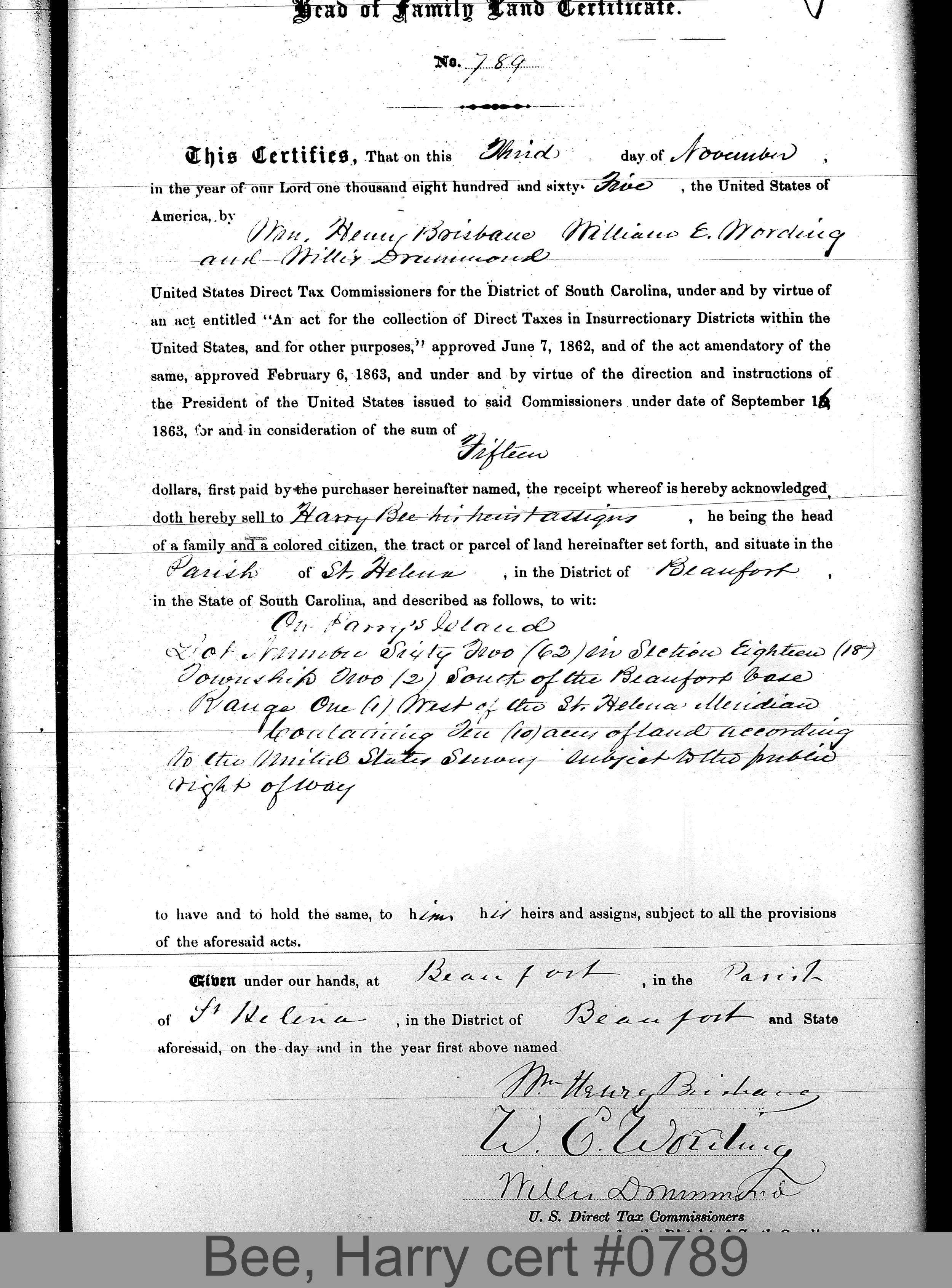 BEE, HARRY (Certificate #789) LOCALITY: Parry's Island TSHP: 2S RNGE: 1W SECTION: 18 LOT NUMBER: 62 ACREAGE: 10 COST: 12.5