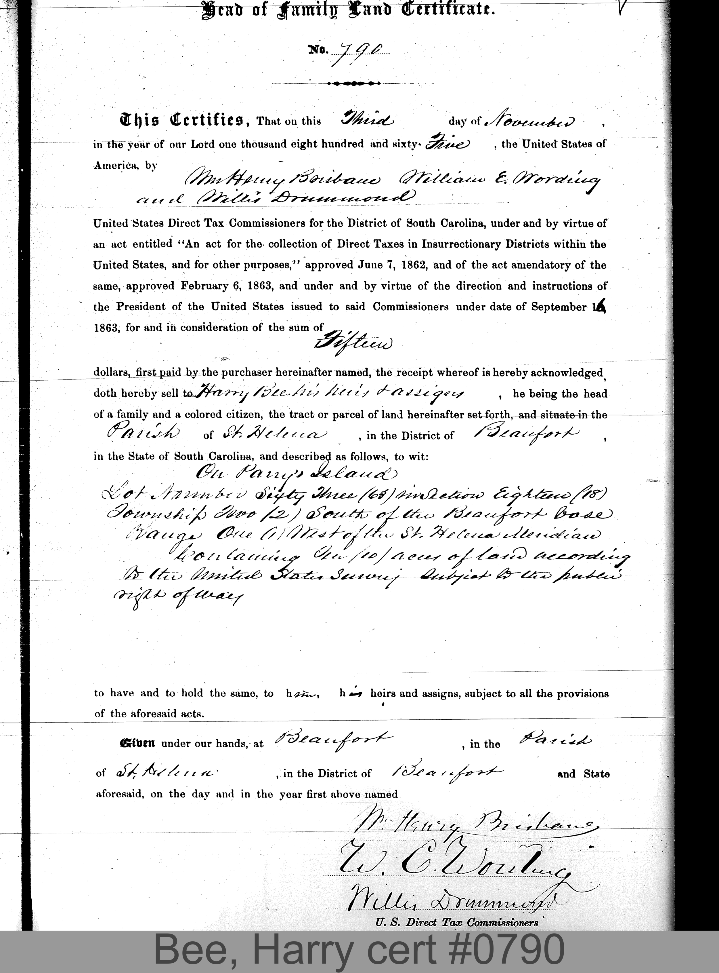 BEE, HARRY (Certificate #790) LOCALITY: Parry's Island TSHP: 2S RNGE: 1W SECTION: 18 LOT NUMBER: 63 ACREAGE: 10 COST: 12.5