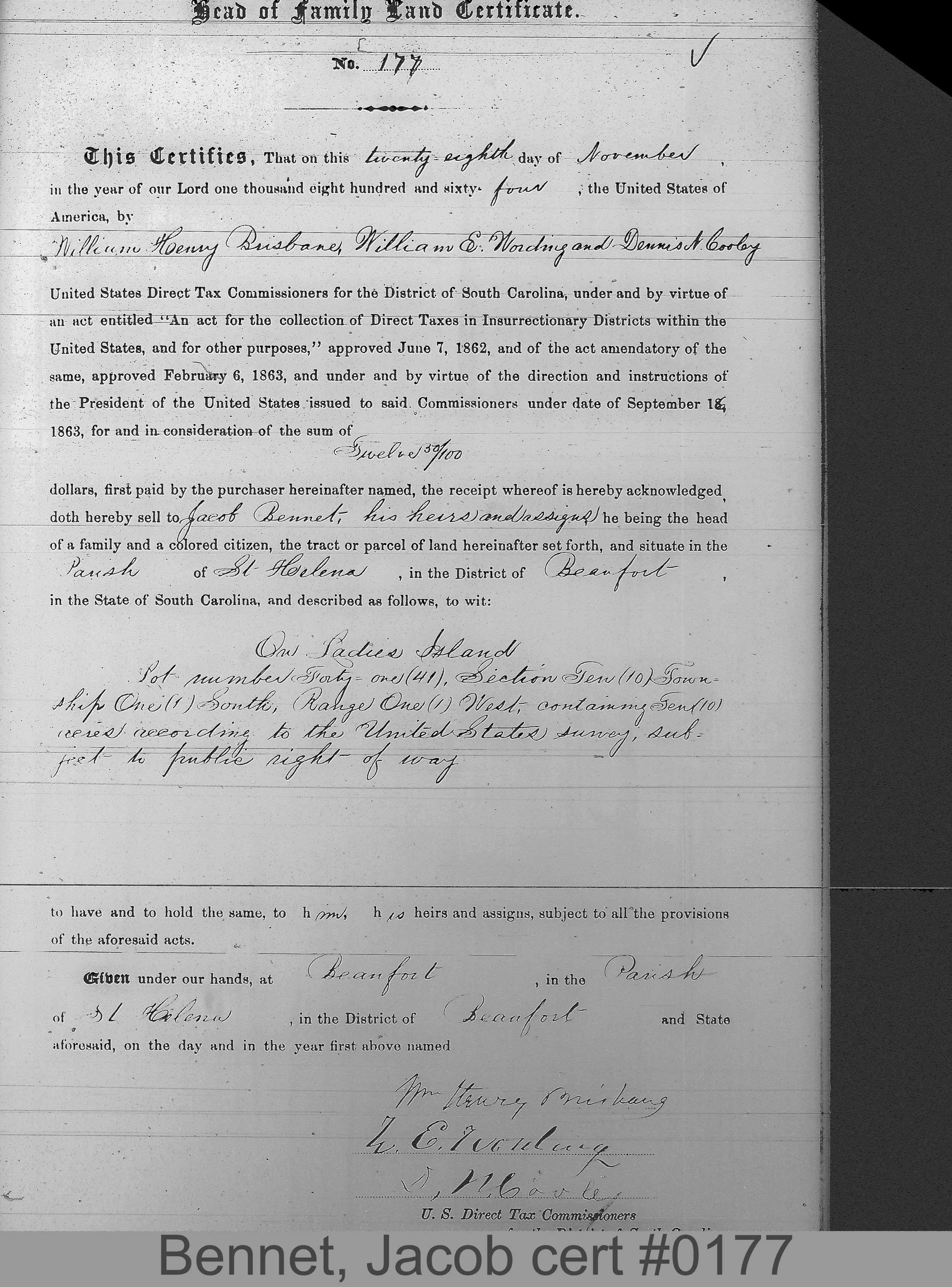 BENNET, JACOB (Certificate #177) LOCALITY: Ladies Island TSHP: 1S RNGE: 1W SECTION: 10 LOT NUMBER: 41 ACREAGE: 10 COST: 12.5