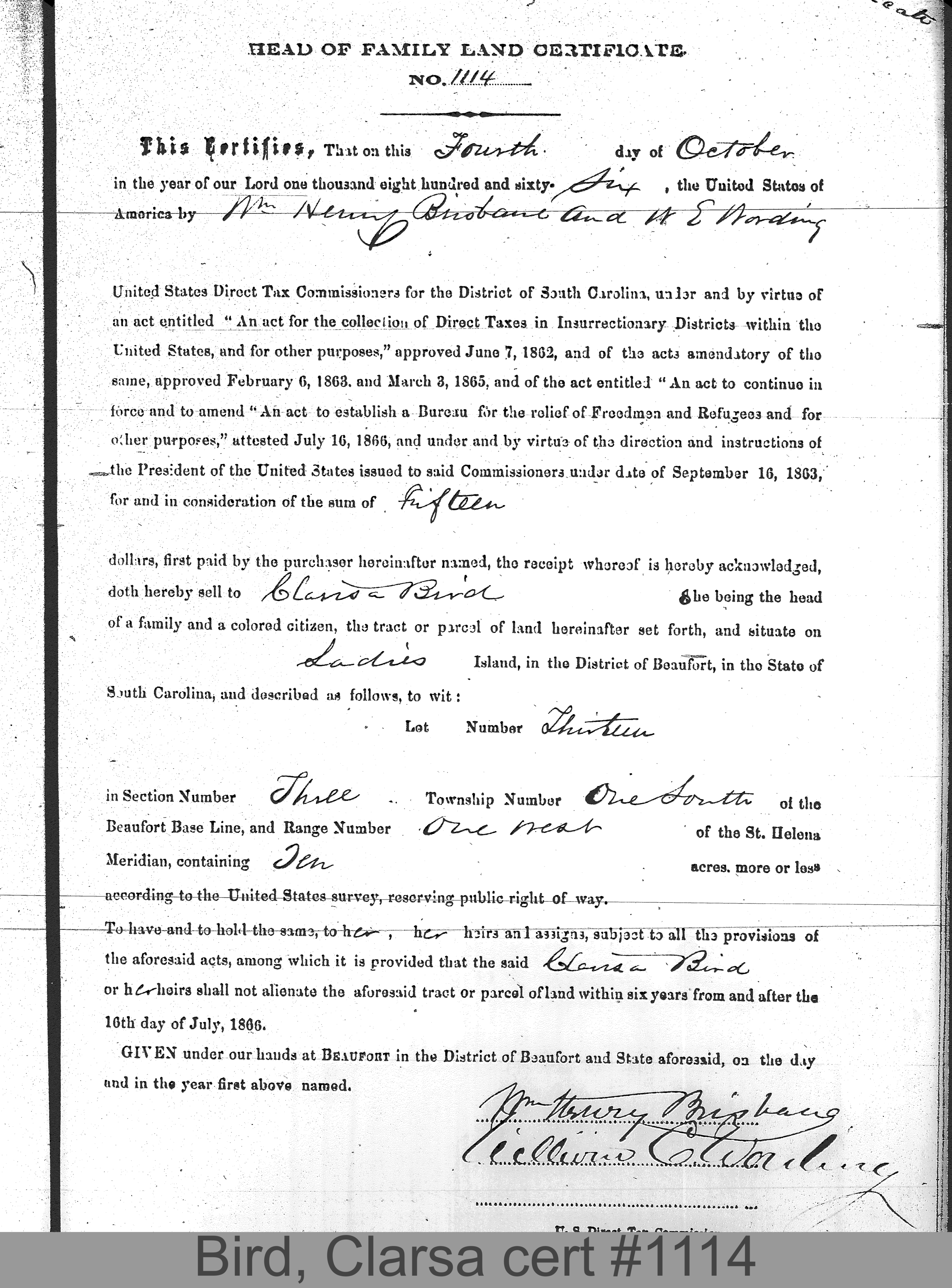 BIRD, CLARSA? (Certificate #1114) LOCALITY: Ladies Island TSHP: 1S RNGE: 1W SECTION: 3 LOT NUMBER: 13 ACREAGE: 10 COST: 25