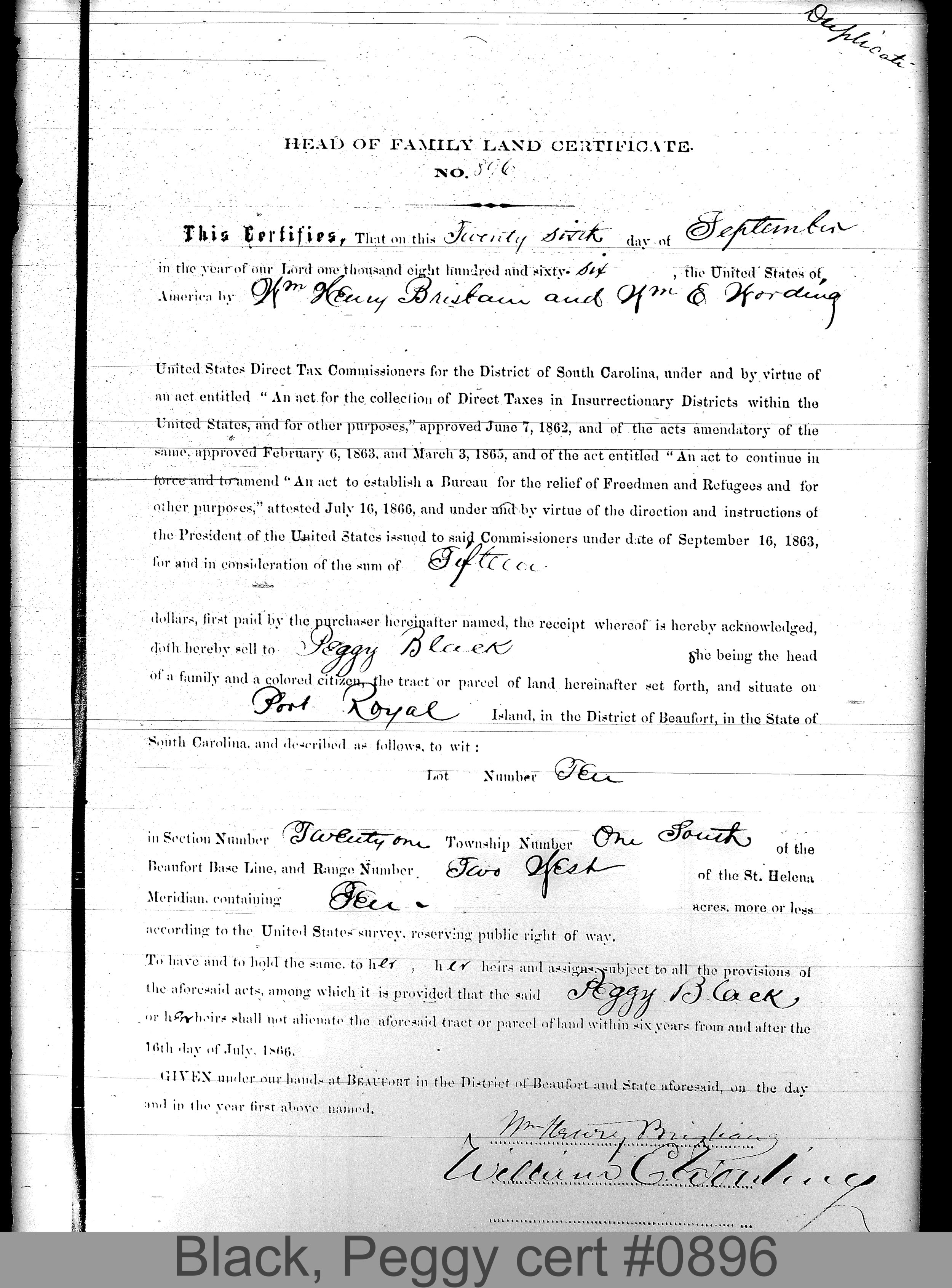 BLACK, PEGGY (Certificate #896) LOCALITY: Port Royal Island TSHP: 1S RNGE: 2W SECTION: 21 LOT NUMBER: 6 ACREAGE: 10 COST: 8.98
