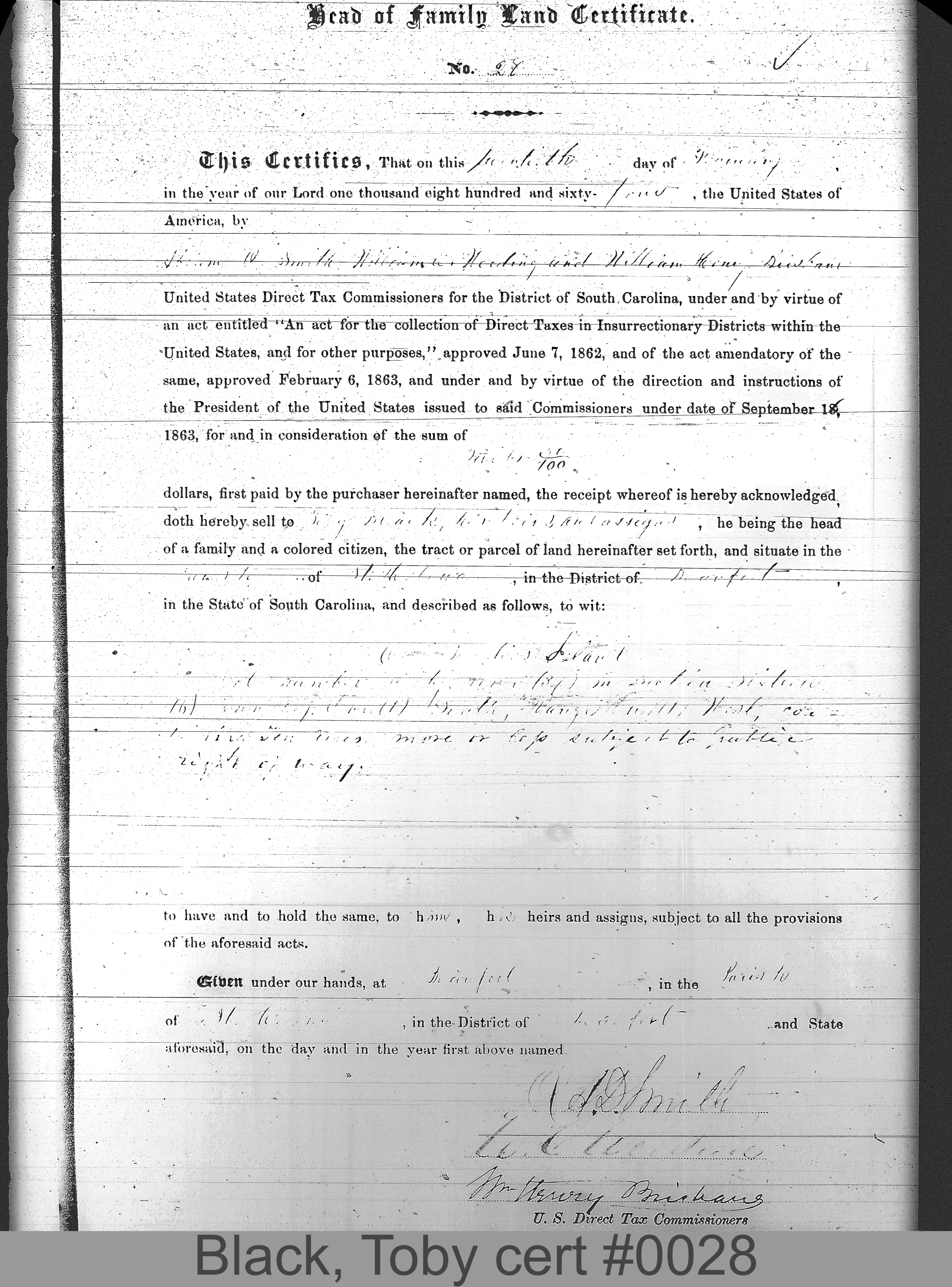BLACK, TOBY (Certificate #28) LOCALITY: St. Helena Island TSHP: 1S RNGE: 1W SECTION: 16 LOT NUMBER: 37 ACREAGE: 10 COST: 25