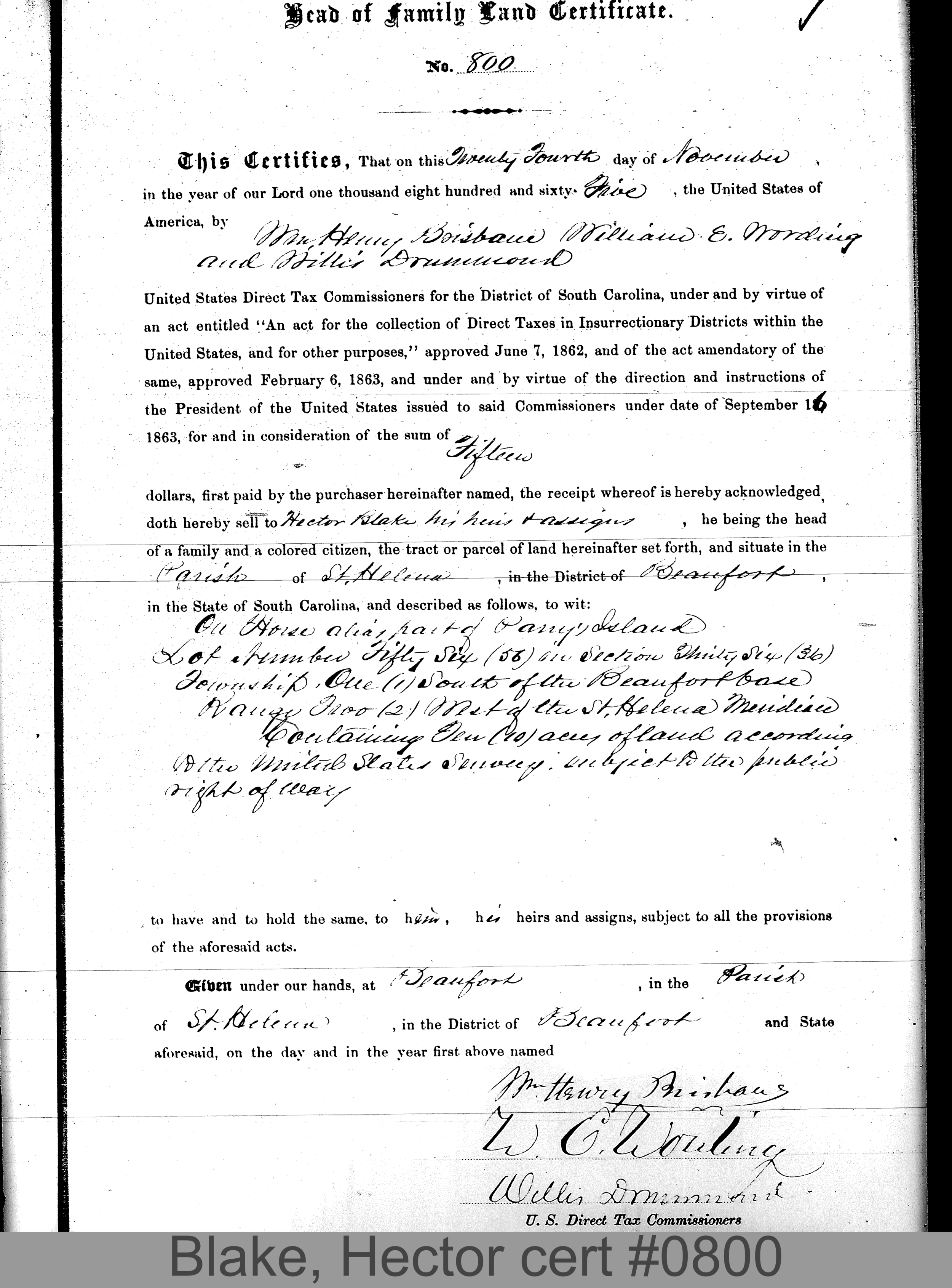 BLAKE, HECTOR (Certificate #800) LOCALITY: Parry's Island TSHP: 1S RNGE: 2W SECTION: 36 LOT NUMBER: 56 (Horse Island) ACREAGE: 10 COST: 2.5