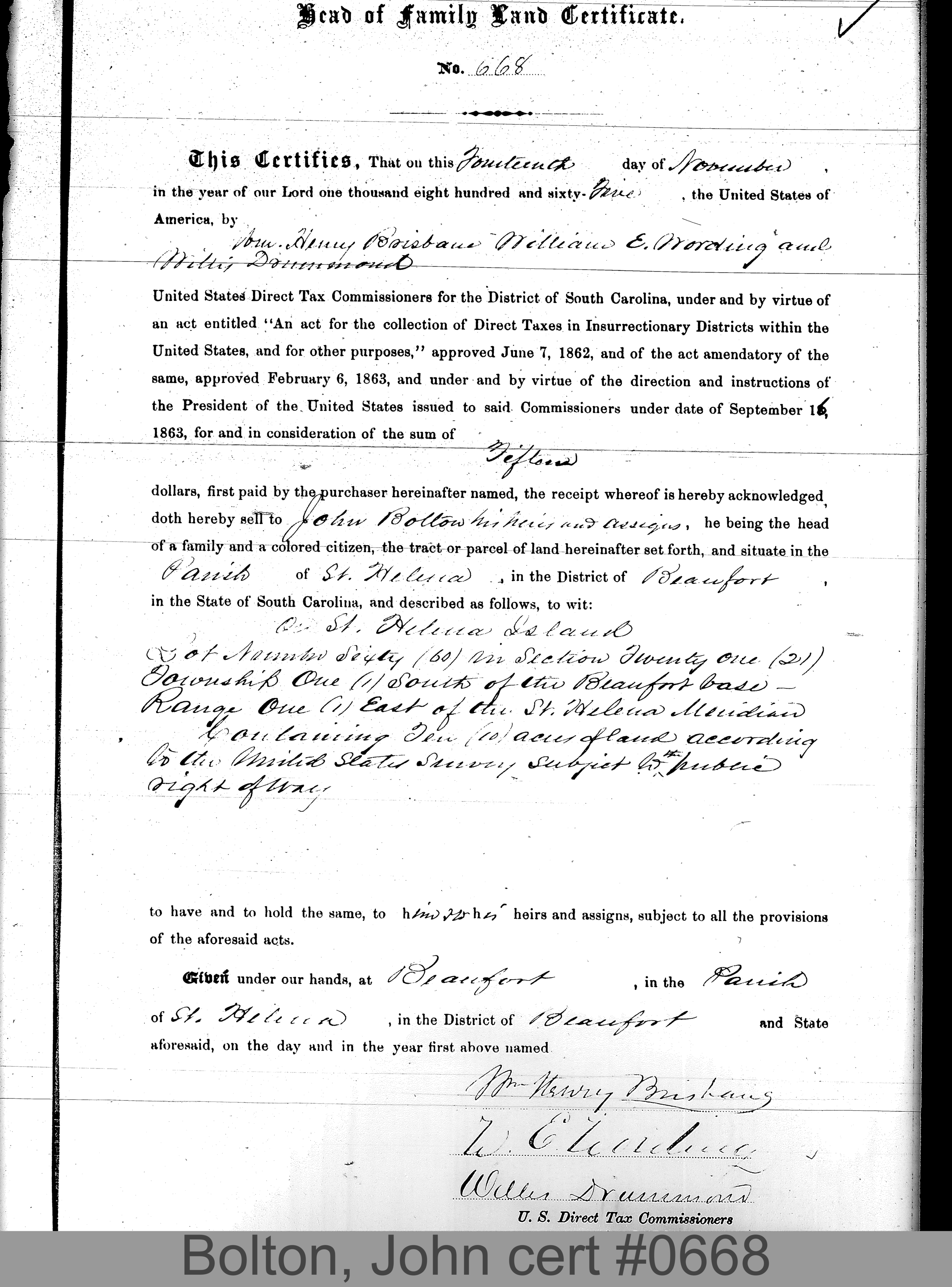 BOLTON, JOHN (Certificate #668) LOCALITY: St. Helena Island TSHP: 1S RNGE: 1E SECTION: 21 LOT NUMBER: 60 ACREAGE: 10 COST: 5