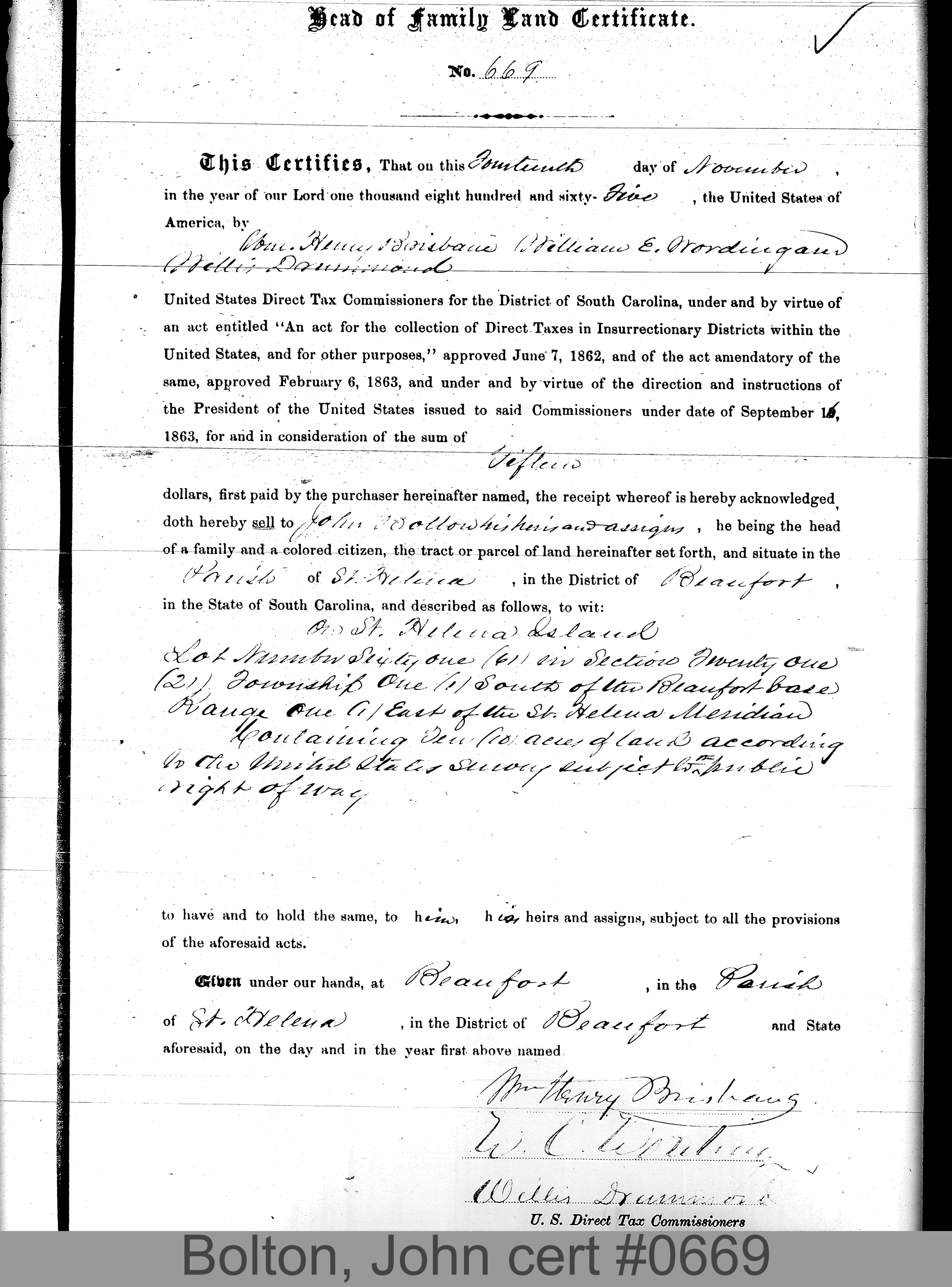 BOLTON, JOHN (Certificate #669) LOCALITY: St. Helena Island TSHP: 1S RNGE: 1E SECTION: 21 LOT NUMBER: 61 ACREAGE: 10 COST: 3.75