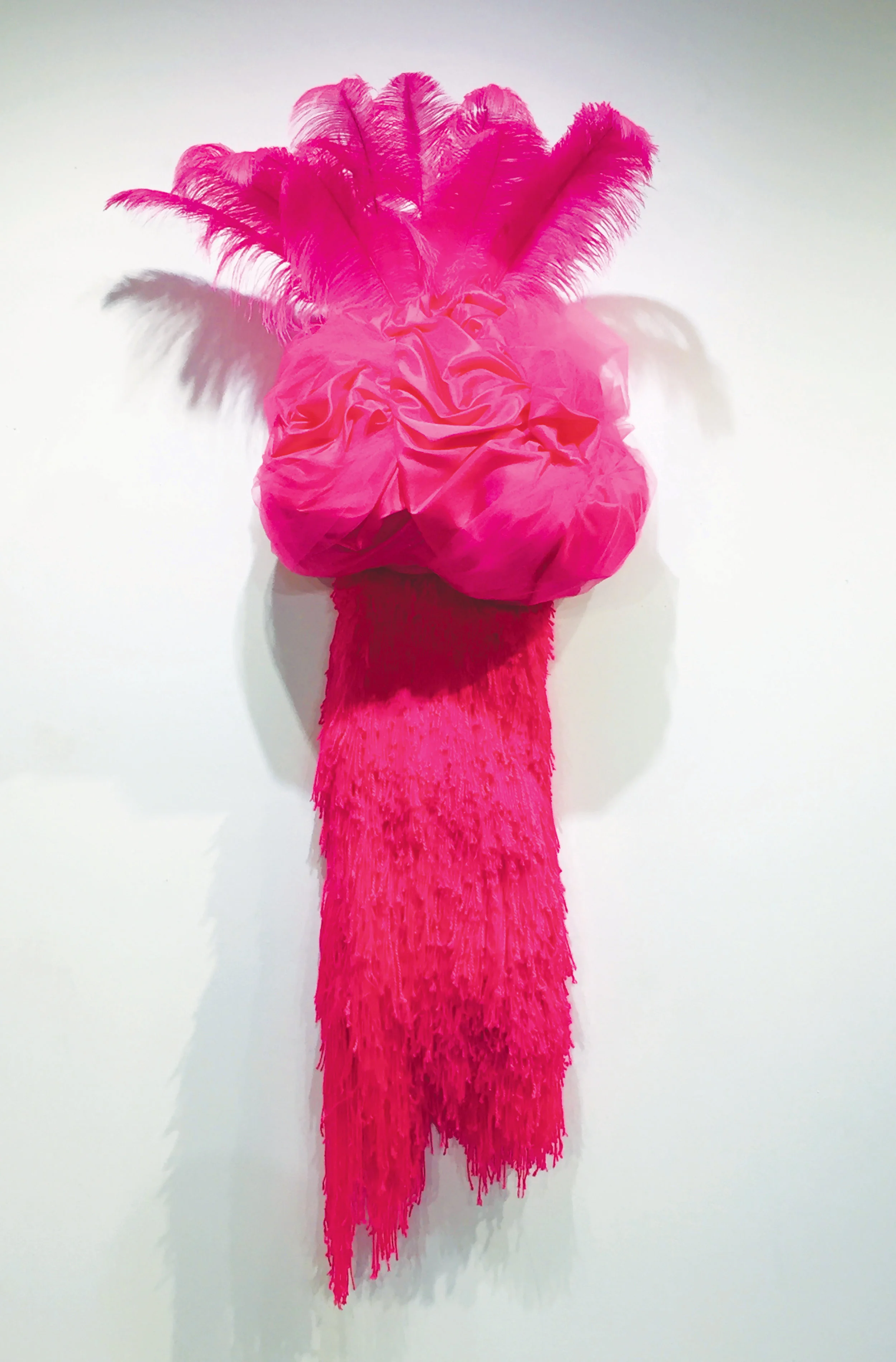 Valentina , 2019 Polystyrene foam, various fabrics, feathers, sequins and dressmaker pins 70 x 23 x 12 inches