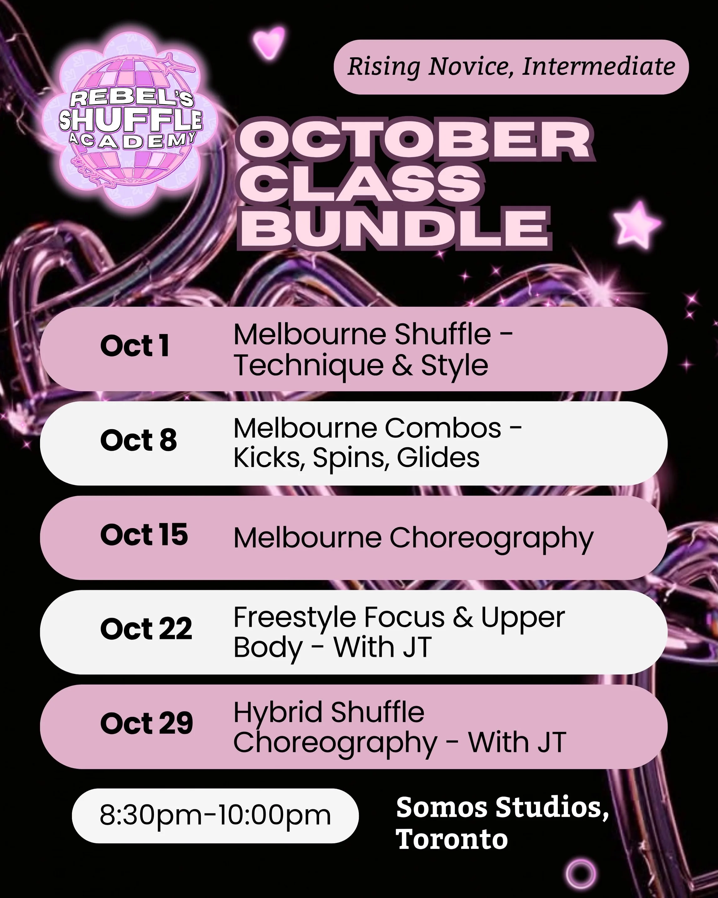 Welcome to October 💗✨ 

A new month means a fresh lineup of shuffle classes at Rebel&rsquo;s Shuffle Academy!

This month we&rsquo;re diving into Melbourne Shuffle, combos, choreography, freestyle, and hybrid shuffle &mdash; with plenty of opportuni