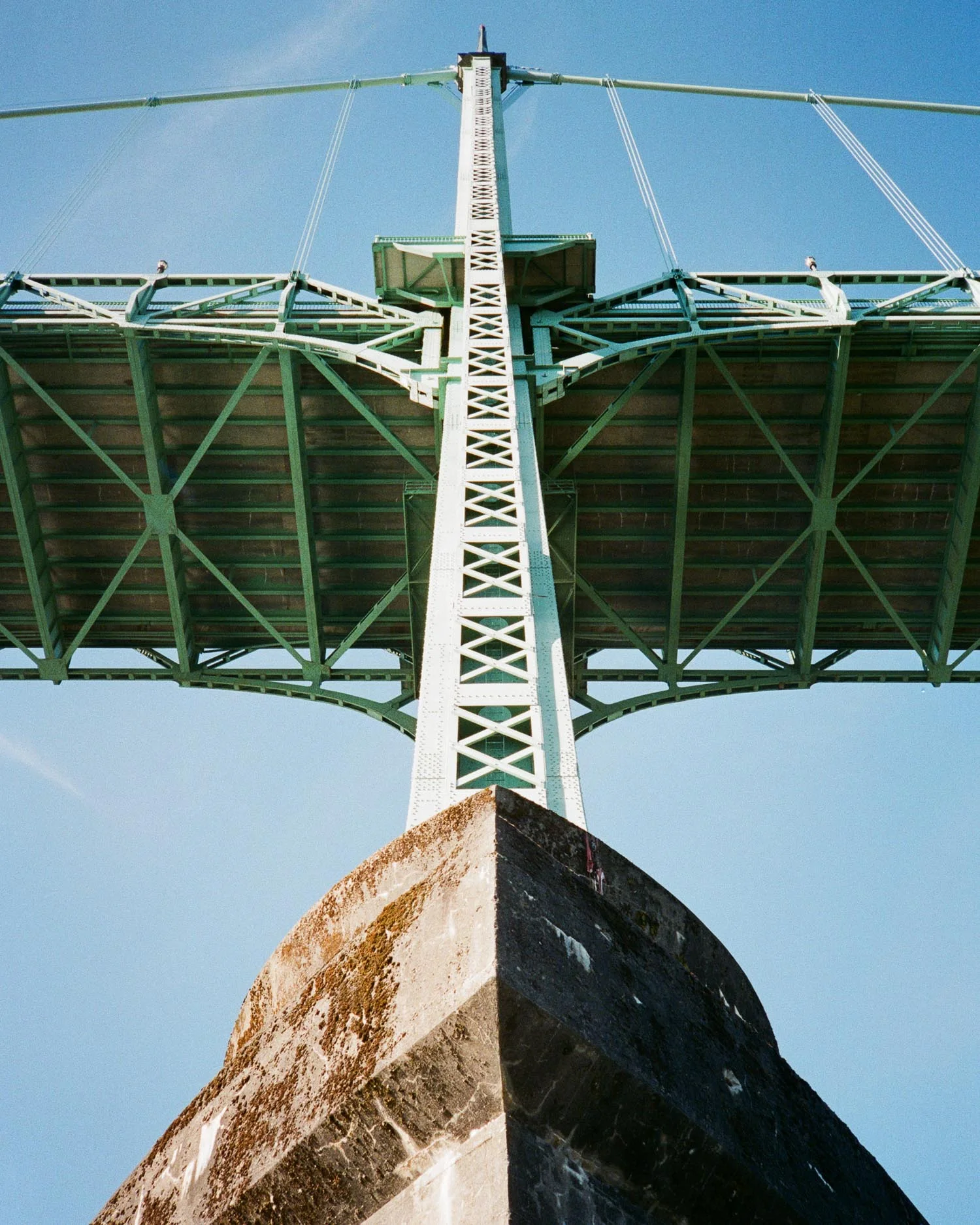 Photo of one of the 408’ towers of St. Johns Bridge in Portland, OR