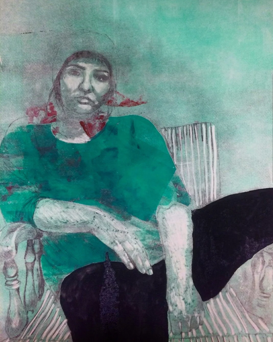 Self Portrait Etching and monotype on Stonehenge 18 x 24 inches 2016