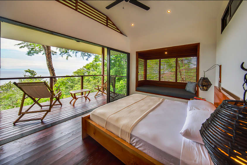 Ocean View Casitas (2 left) Each of these four casitas are nestled into the hillside with open views of the Pacific Ocean. They all have a queen-size bed, an indoor daybed large enough for a third guest, a ceiling fan, a private deck and outdoor shower as well as a full bathroom with solar hot water showers that boast ocean views, gorgeous tiles hand-made in Nicaragua and rain showerheads. All rooms and casitas have complimentary wireless internet, cotton bath towels, and 350 thread count sheets.