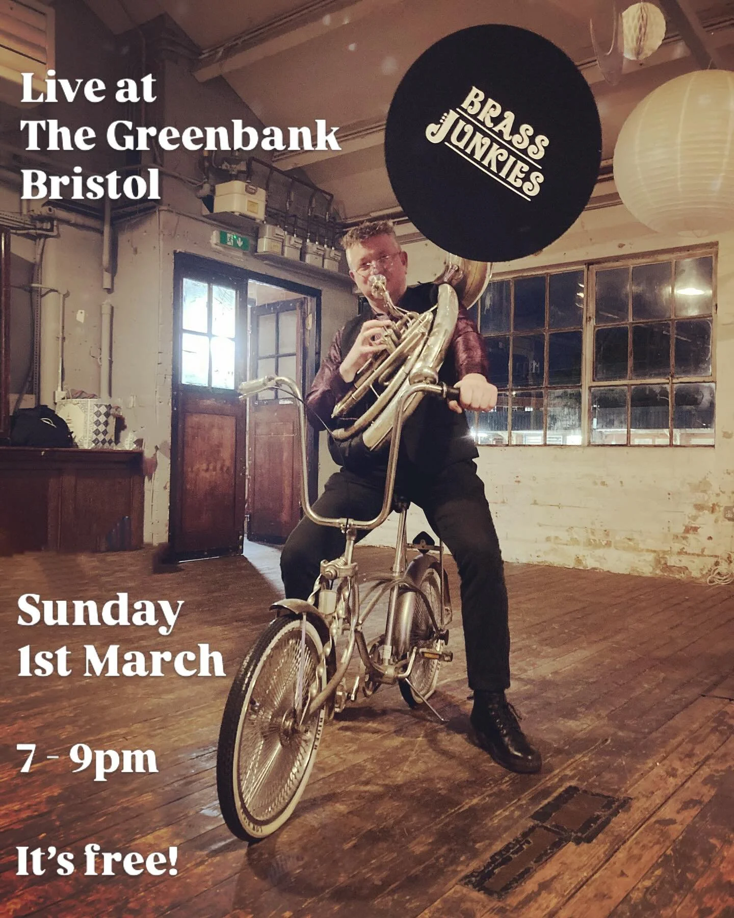 We&rsquo;re back for our monthly work out at @the_greenbank_pub on Sunday 1st March from 7pm. (Al won&rsquo;t be on the bike) 
Great beer, pizzas and music&hellip; there&rsquo;s no better way to spend your Sunday evening!! 
#brassjunkiesbrassband #th