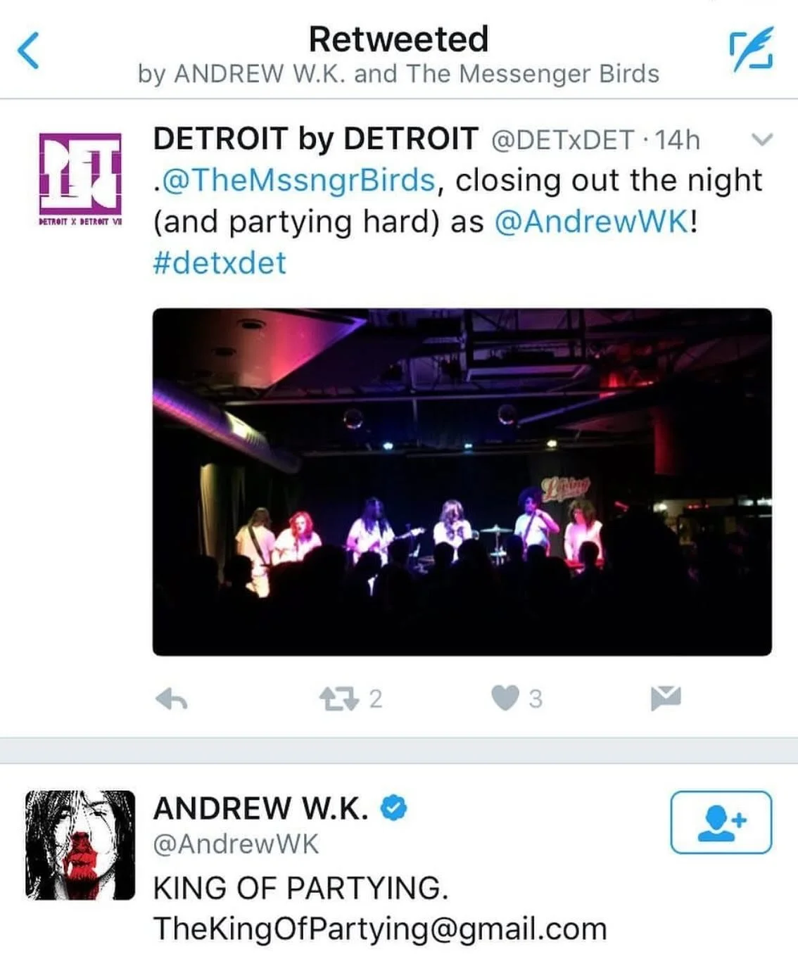 Remember that time #AndrewWK retweeted us? Never know what&rsquo;s gonna happen at #DETxDET 😎 Join us this Saturday (4/26) @thelovingtouch for this year&rsquo;s fest!

[throwback to an epic headlining set by @themessengerbirds back in 2017 🩸]