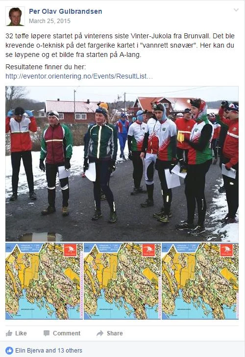 Eksempel på kort og fin omtale fra et Vinter-Jukola løp i Vestfold vinteren 2015 med 32 deltakere på Vinter-Jukola sin Facebook-side. Så enkelt kan det gjøres - men du kan selvsagt gjøre mer utav det om du ønsker.
