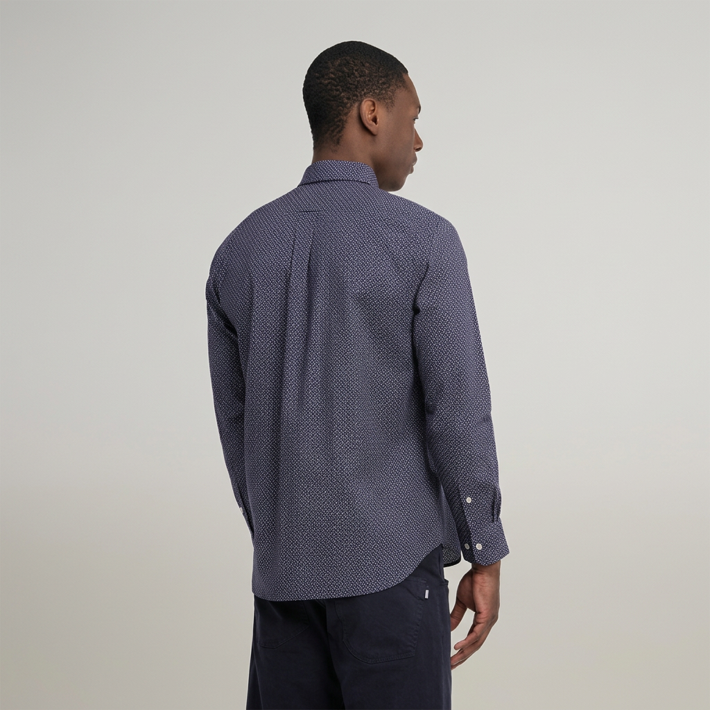 Back View of Eden Park Bow Tie Print Poplin Shirt in Navy and Pink