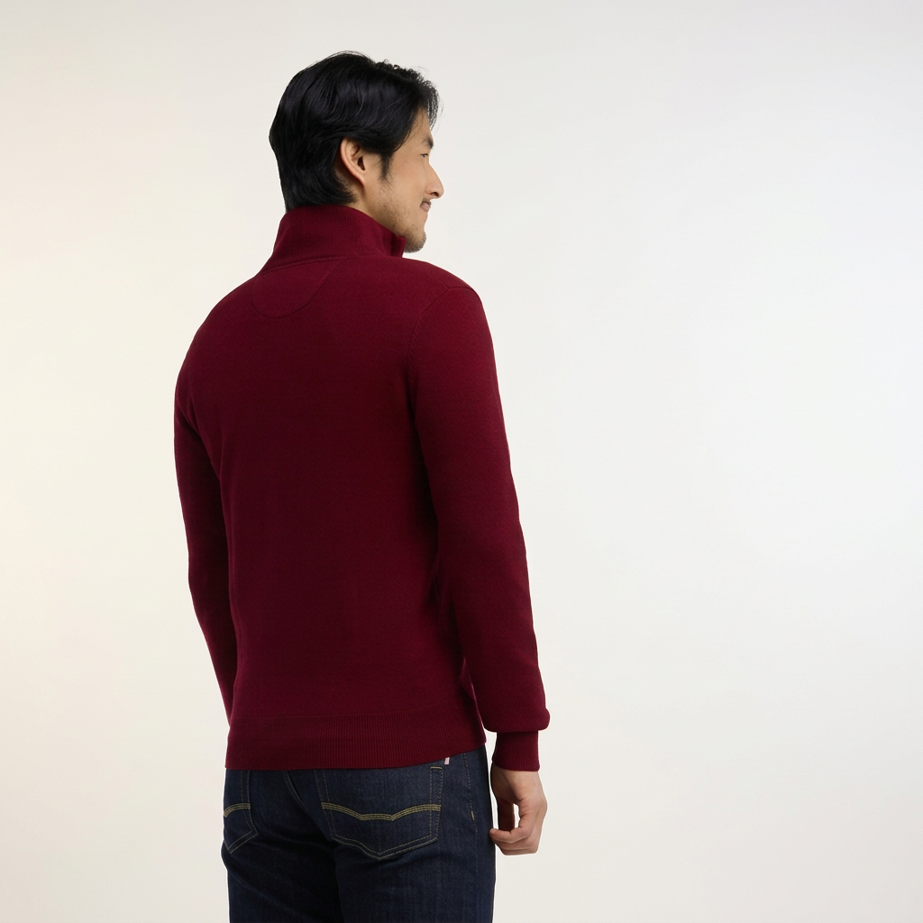Back View of Model in Eden Park Half Zip Jumper in Dark Red